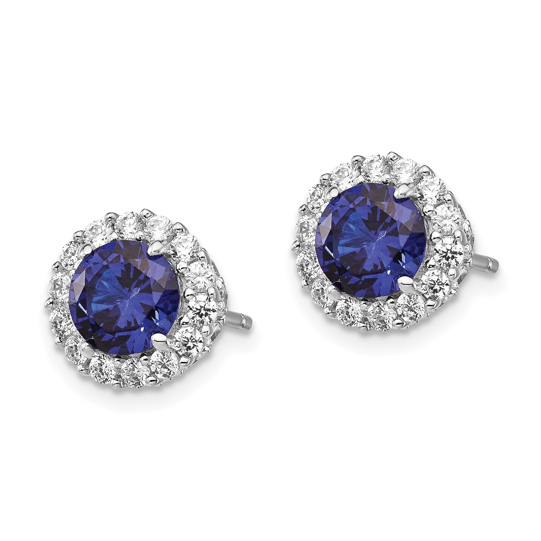 Cheryl M Sterling Silver Rhodium-plated Brilliant-cut Lab Created Dark Blue Spinel and Brilliant-cut White CZ Round Halo Post Earrings
