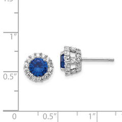 Cheryl M Sterling Silver Rhodium-plated Brilliant-cut Lab Created Dark Blue Spinel and Brilliant-cut White CZ Round Halo Post Earrings