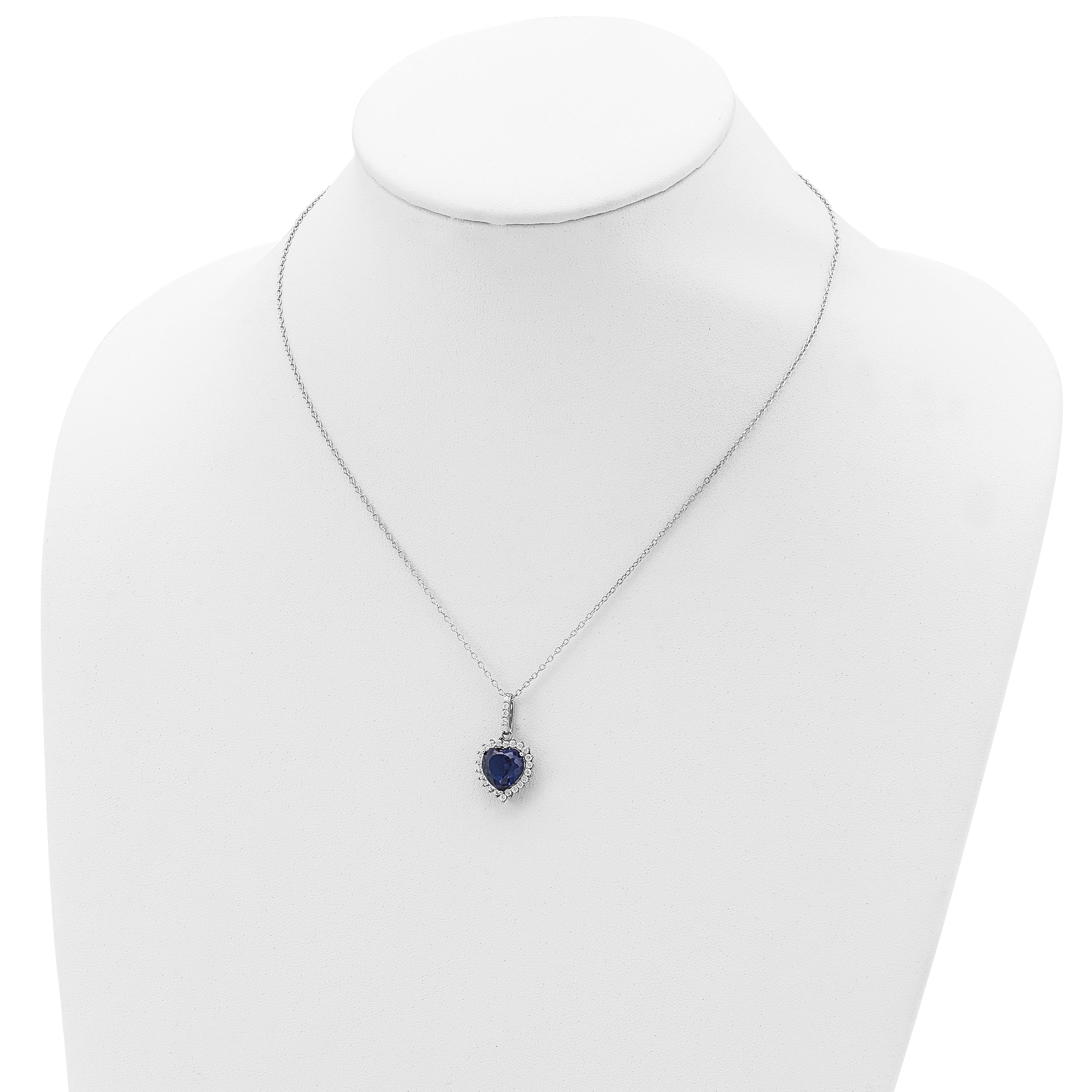 Cheryl M Sterling Silver Rhodium-plated 100 Facet Lab Created Dark Blue Spinel and Brilliant-cut White CZ Heart Halo 18 Inch Necklace