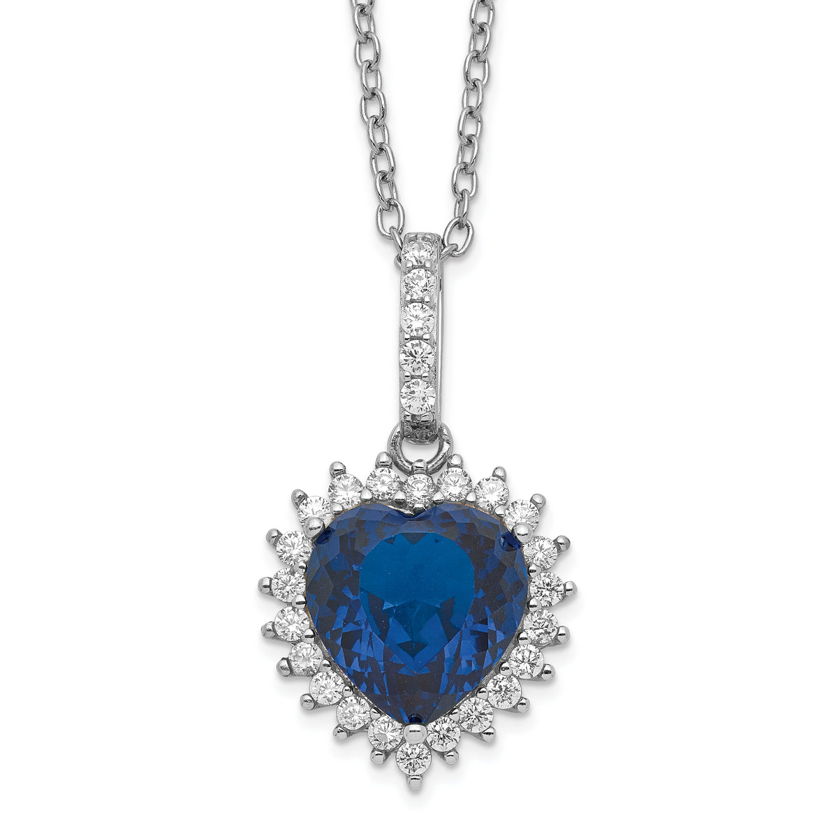 Cheryl M Sterling Silver Rhodium-plated 100 Facet Lab Created Dark Blue Spinel and Brilliant-cut White CZ Heart Halo 18 Inch Necklace