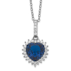 Cheryl M Sterling Silver Rhodium-plated 100 Facet Lab Created Dark Blue Spinel and Brilliant-cut White CZ Heart Halo 18 Inch Necklace