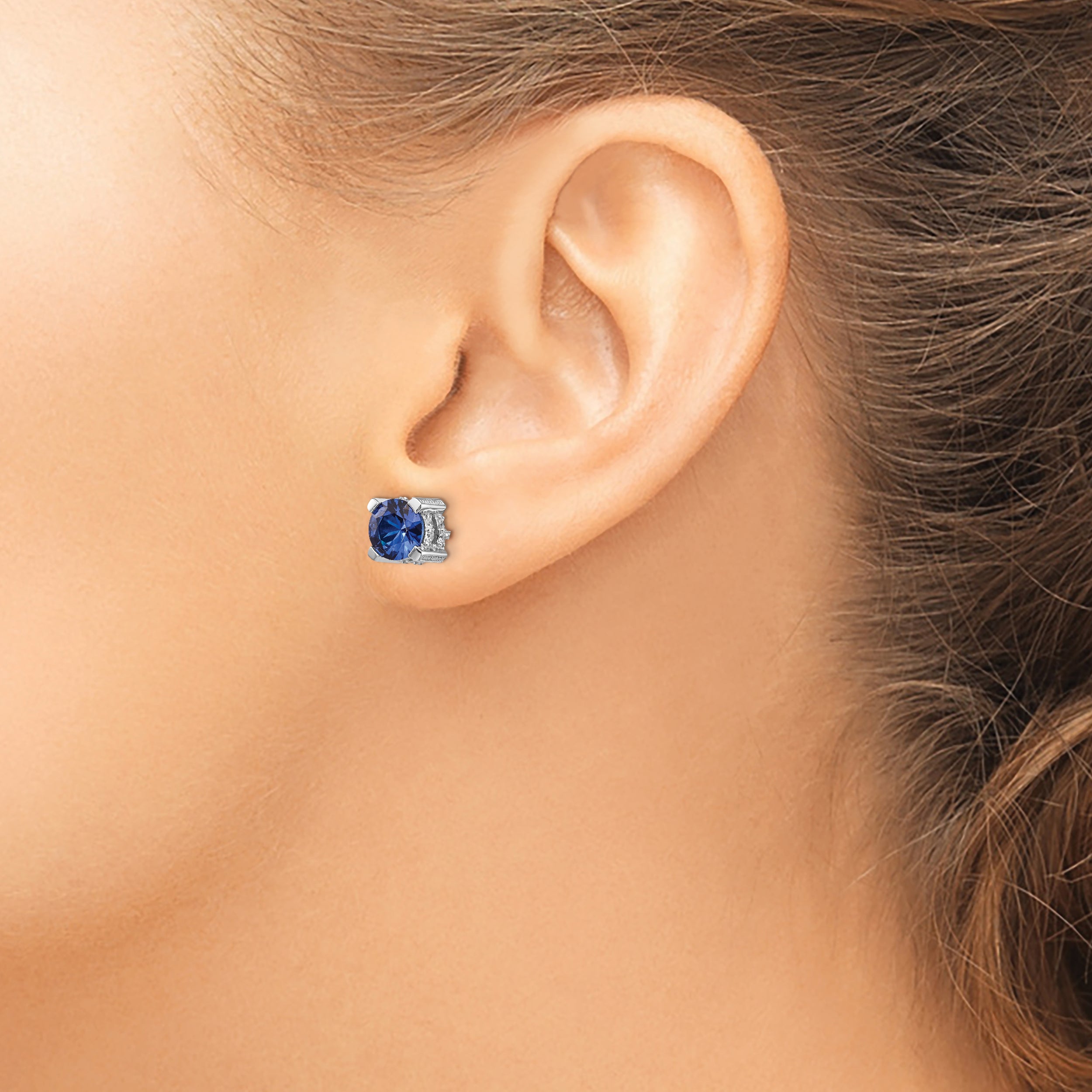 Cheryl M Sterling Silver Rhodium-plated Brilliant-cut Lab Created Dark Blue Spinel and Brilliant-cut White CZ Stud Post Earrings