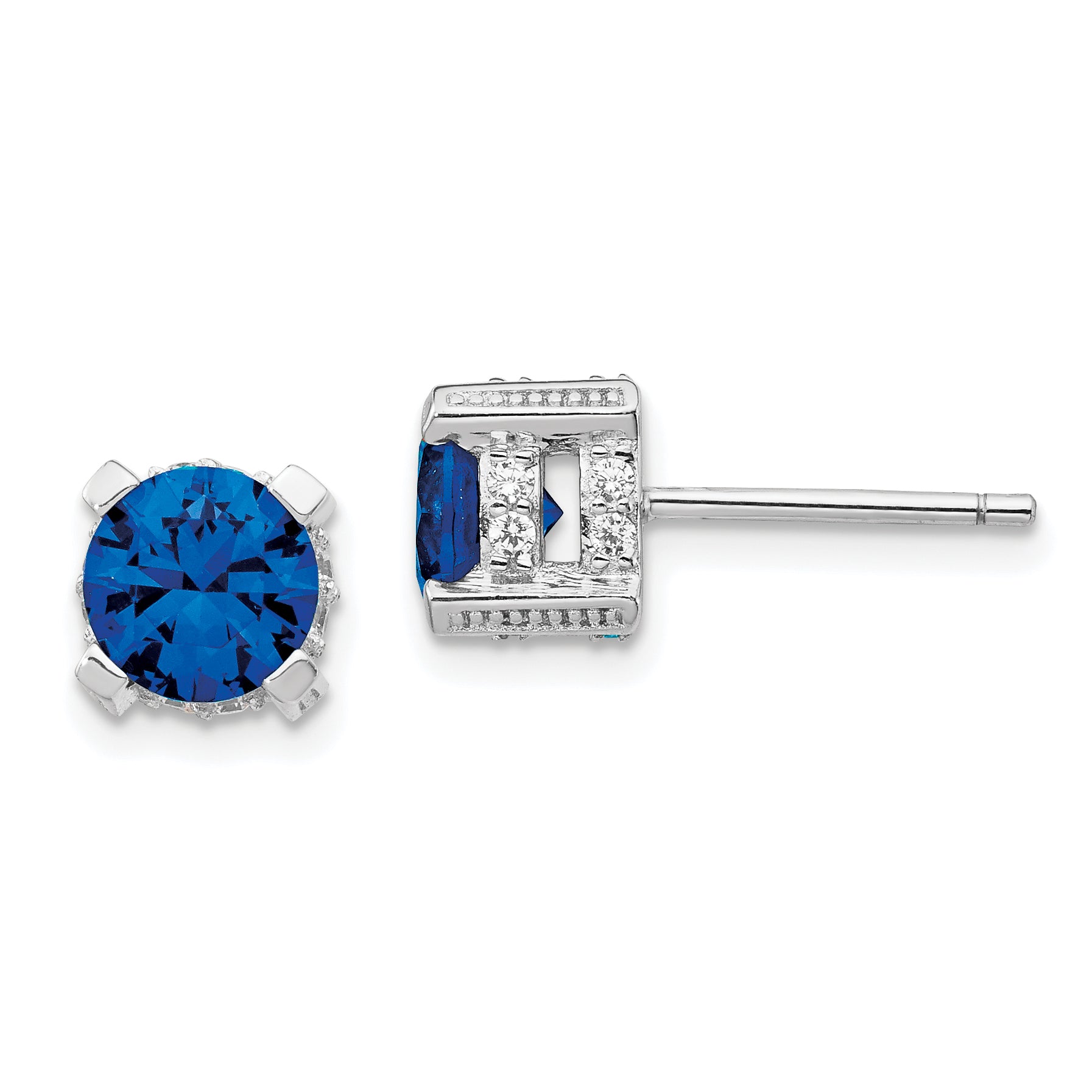 Cheryl M Sterling Silver Rhodium-plated Brilliant-cut Lab Created Dark Blue Spinel and Brilliant-cut White CZ Stud Post Earrings