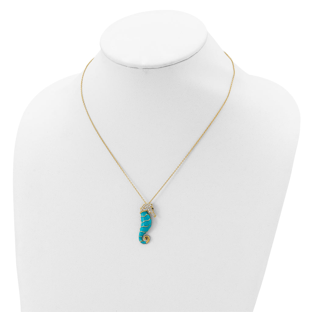 Cheryl M Sterling Silver Gold-plated Enameled Brilliant-cut Black and White CZ Seahorse 18 Inch Necklace