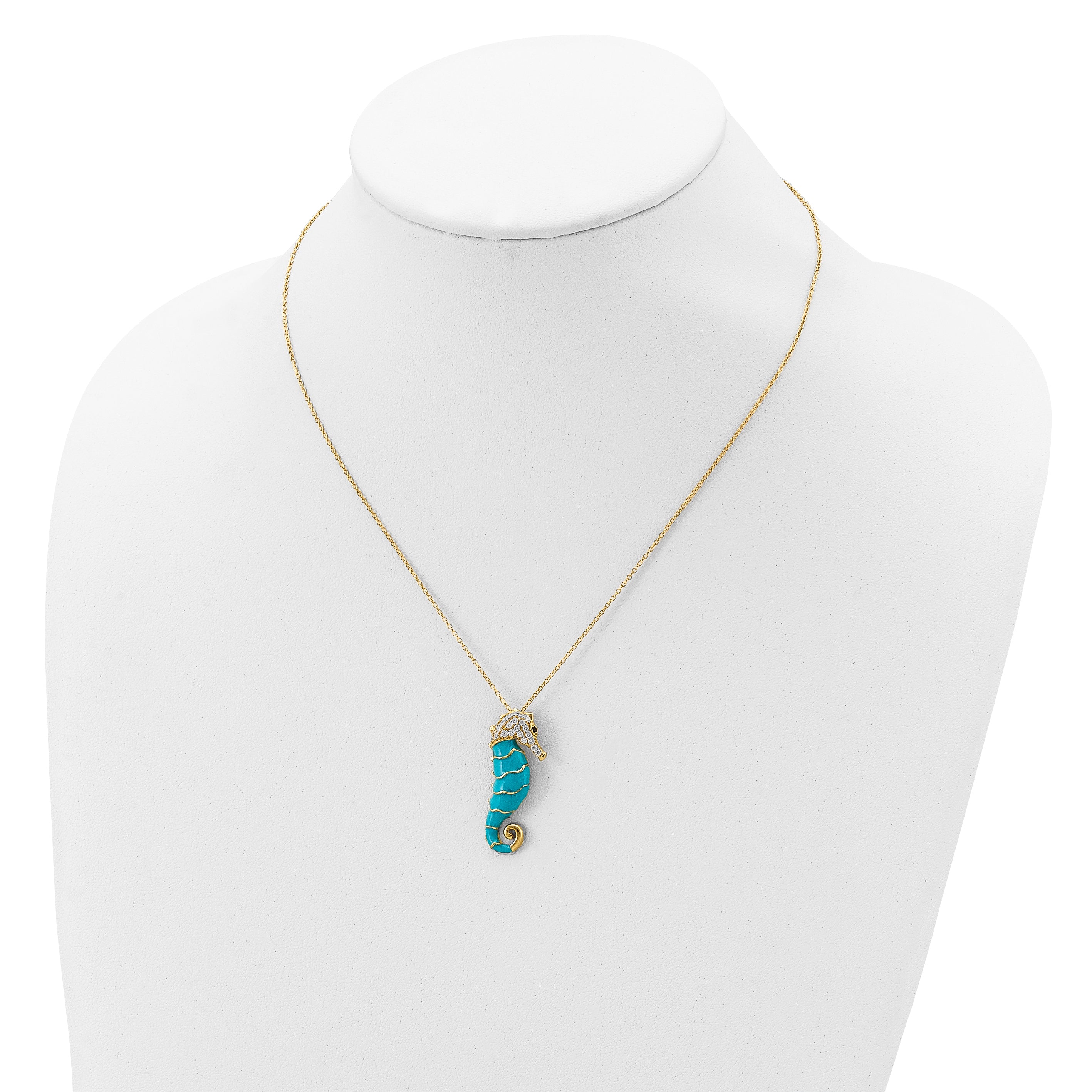 Cheryl M Sterling Silver Gold-plated Enameled Brilliant-cut Black and White CZ Seahorse 18 Inch Necklace