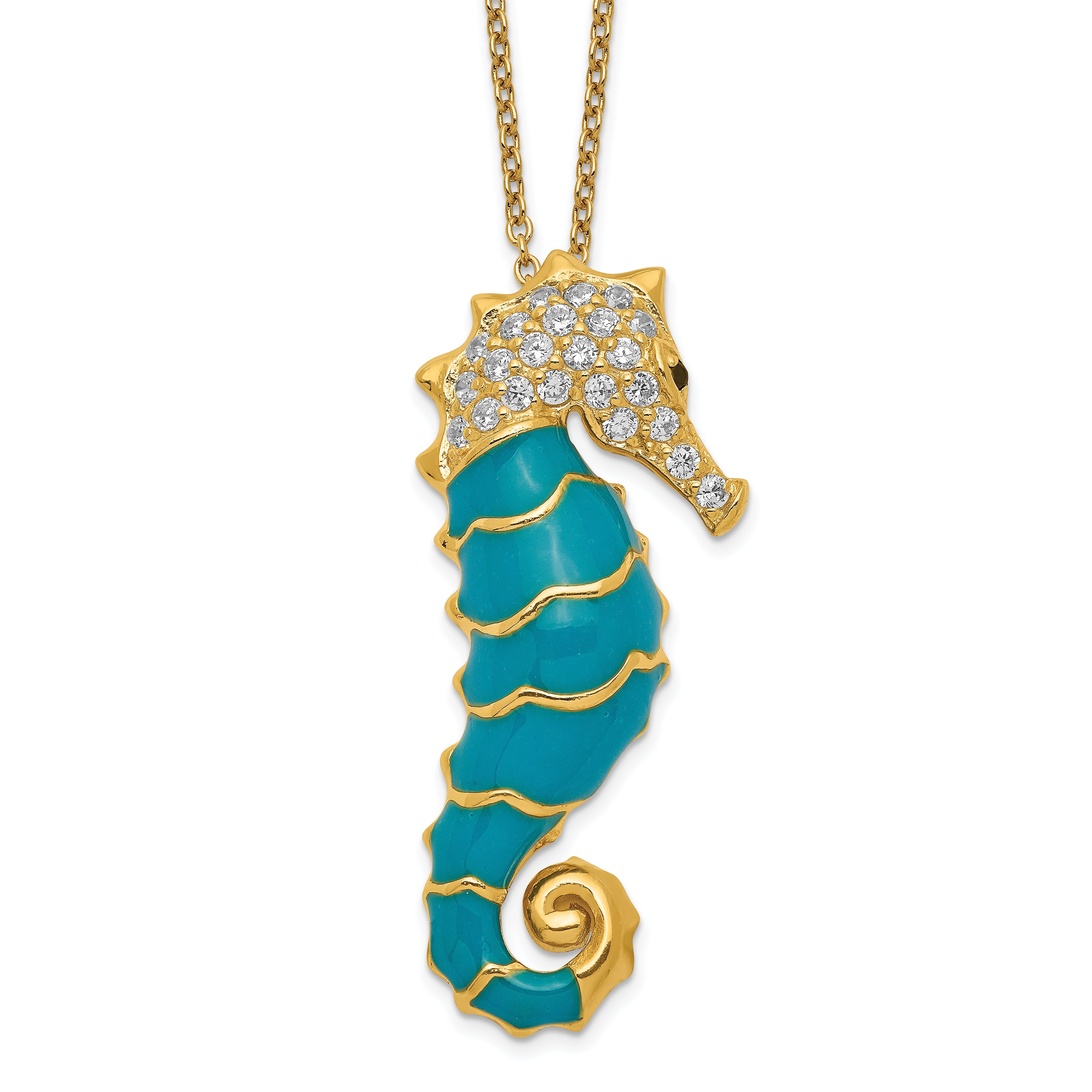 Cheryl M Sterling Silver Gold-plated Enameled Brilliant-cut Black and White CZ Seahorse 18 Inch Necklace