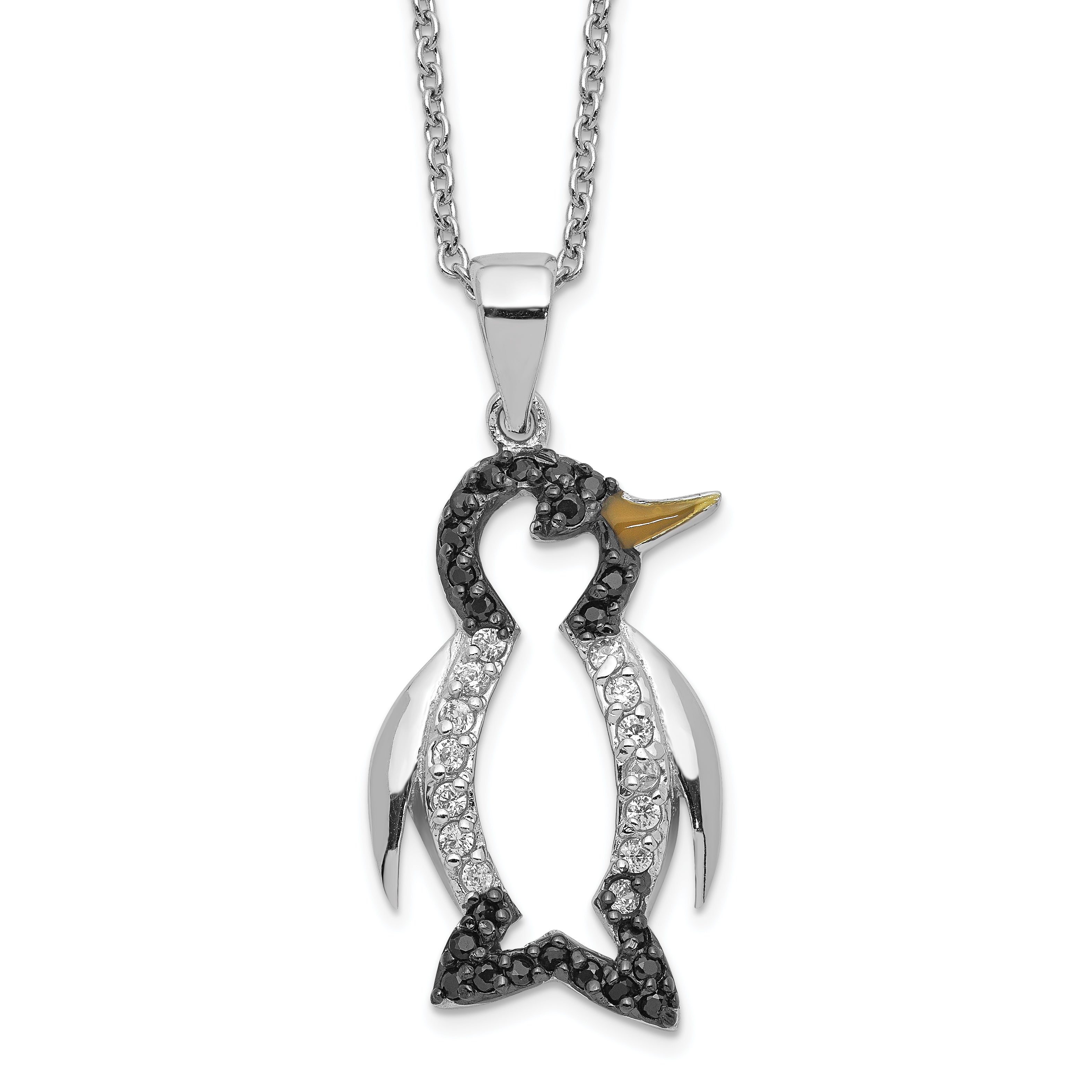 Cheryl M Sterling Silver Rhodium-plated with Black Rhodium Accent Enameled Brilliant-cut Black and White CZ Penguin 18 Inch Necklace Main image