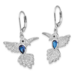 Cheryl M Sterling Silver Rhodium-plated Brilliant-cut Lab Created Dark Blue Spinel and Brilliant-cut White CZ Hummingbird Leverback Dangle Earrings