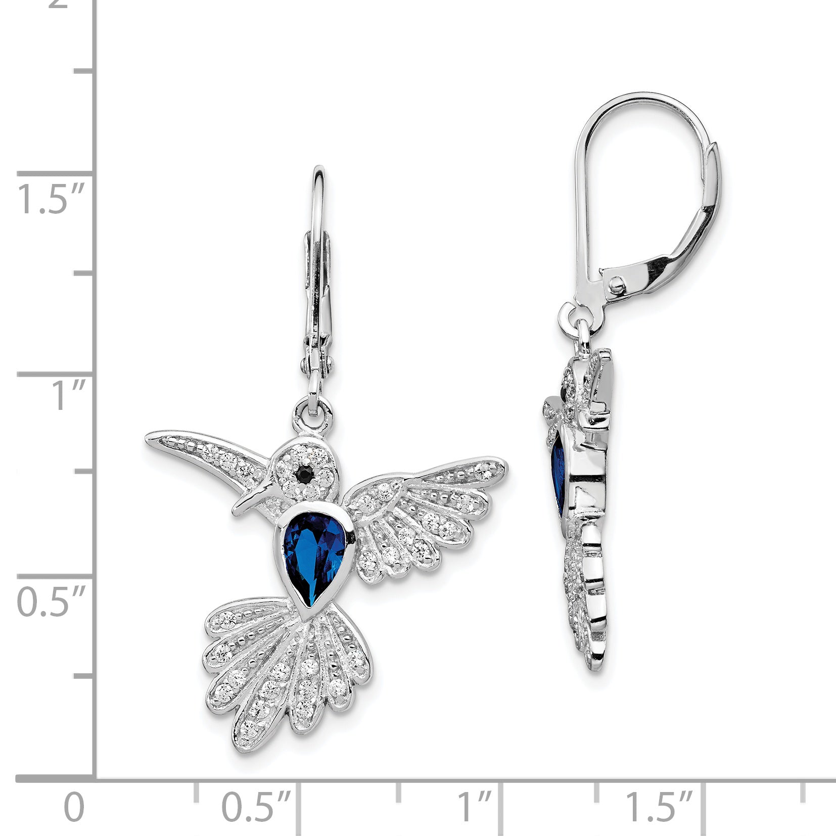 Cheryl M Sterling Silver Rhodium-plated Brilliant-cut Lab Created Dark Blue Spinel and Brilliant-cut White CZ Hummingbird Leverback Dangle Earrings