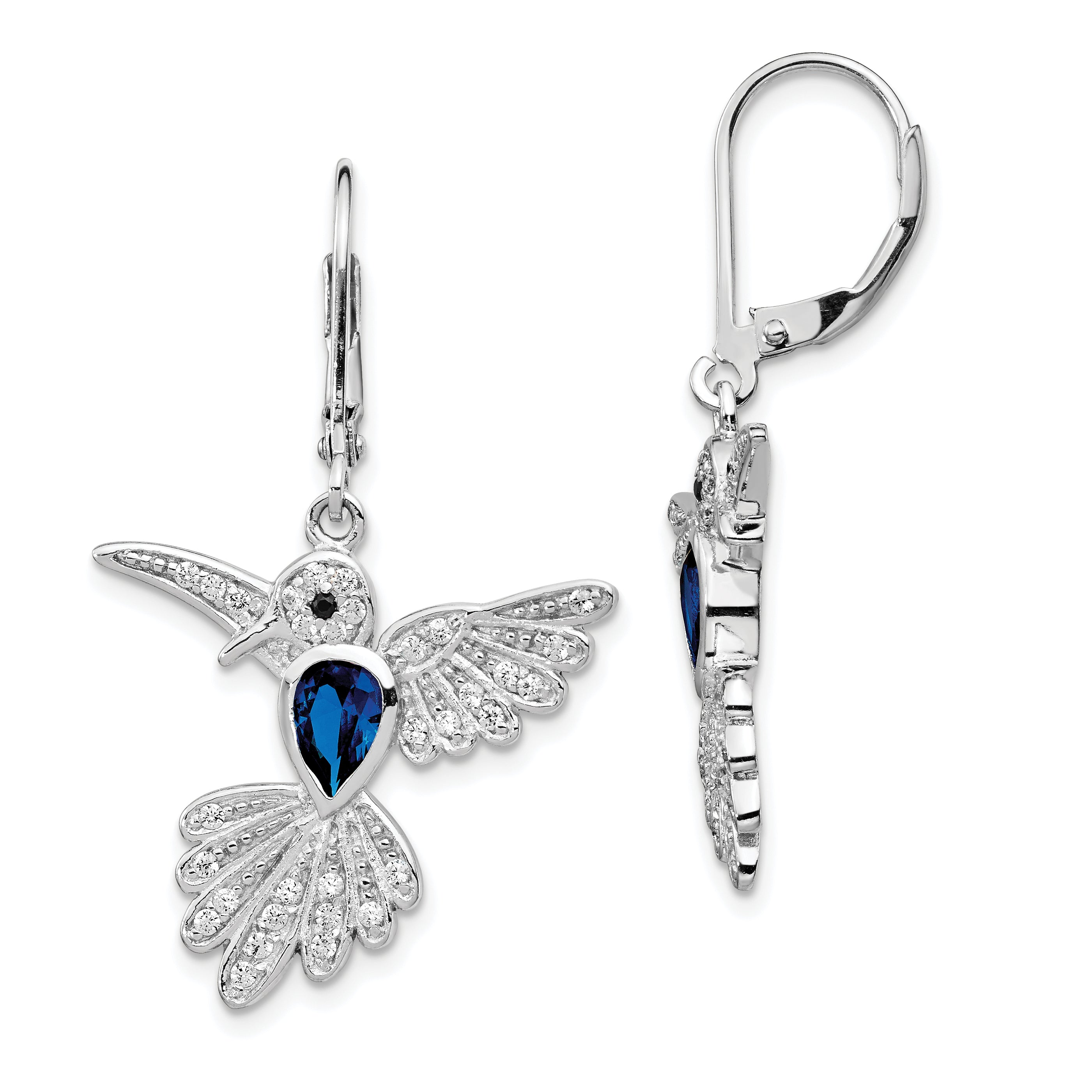 Cheryl M Sterling Silver Rhodium-plated Brilliant-cut Lab Created Dark Blue Spinel and Brilliant-cut White CZ Hummingbird Leverback Dangle Earrings