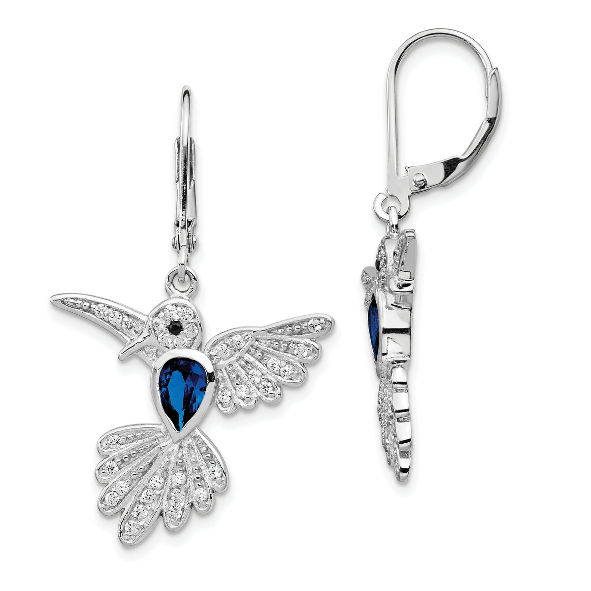 Cheryl M Sterling Silver Rhodium-plated Brilliant-cut Lab Created Dark Blue Spinel and Brilliant-cut White CZ Hummingbird Leverback Dangle Earrings