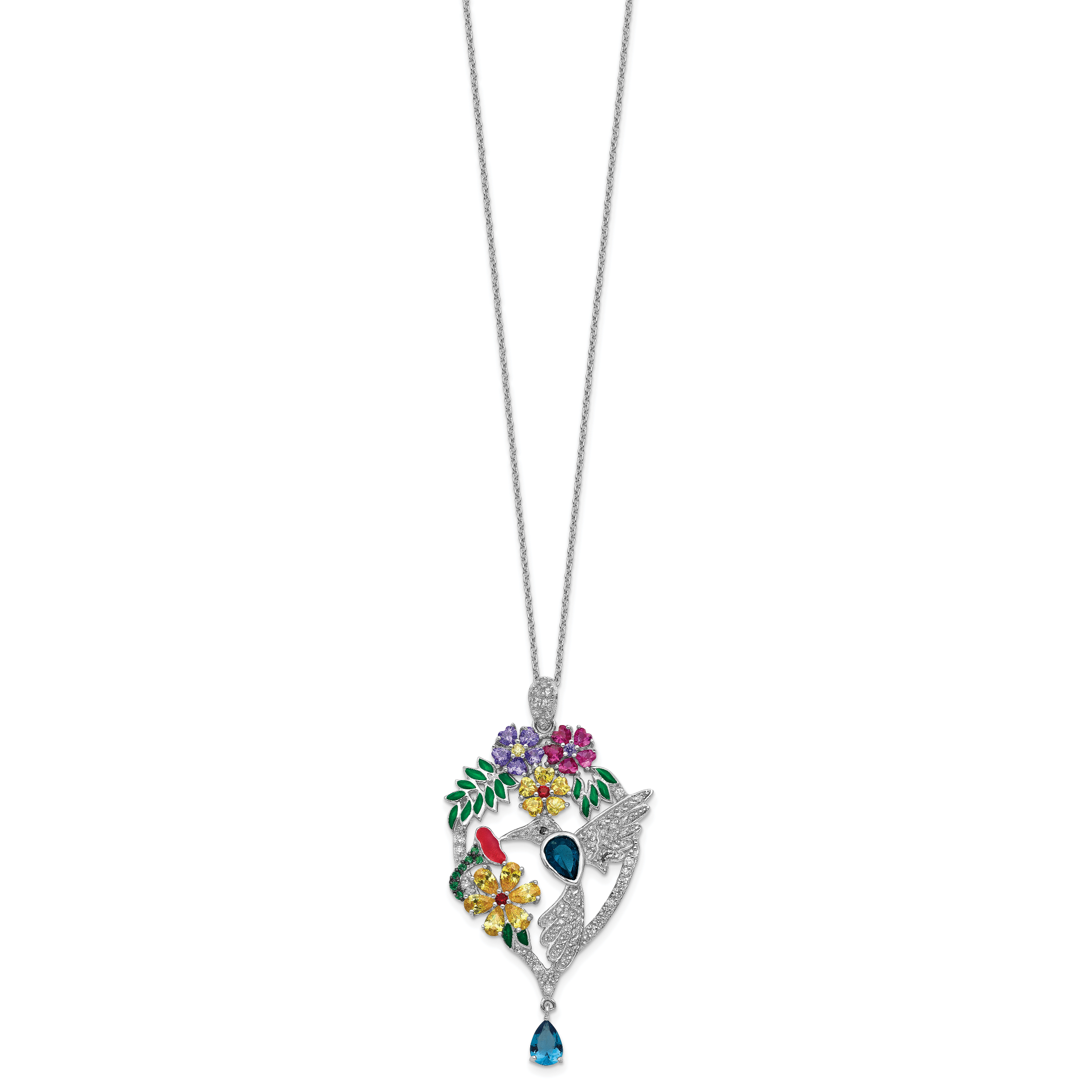 Cheryl M Sterling Silver Rhodium-plated Enameled Multicolor Brilliant-cut Glass and CZ Floral Hummingbird 18 Inch Necklace Secondary image
