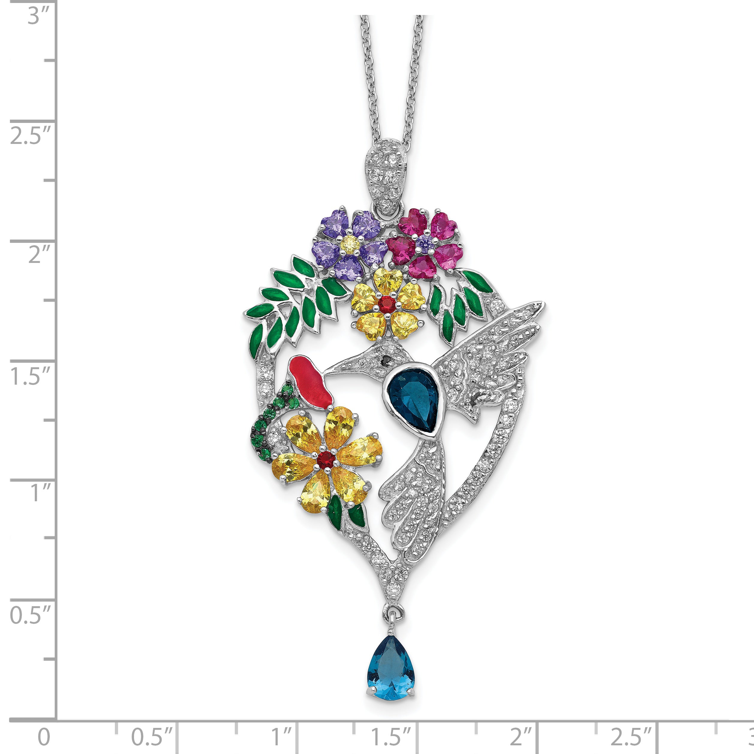 Cheryl M Sterling Silver Rhodium-plated Enameled Multicolor Brilliant-cut Glass and CZ Floral Hummingbird 18 Inch Necklace