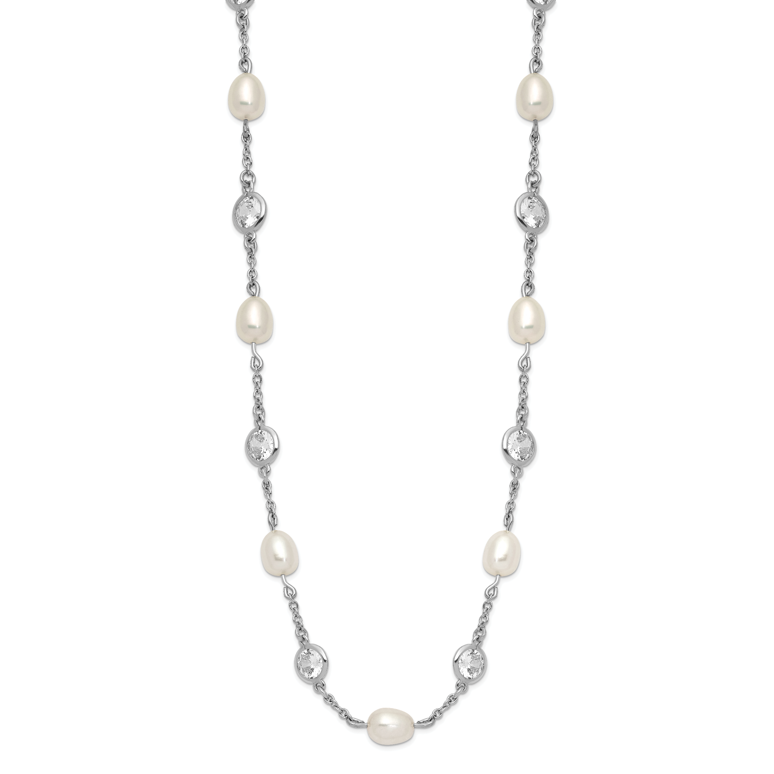 Cheryl Sterling Silver 36 Pearl CZ Necklace with Rhodium Polish
