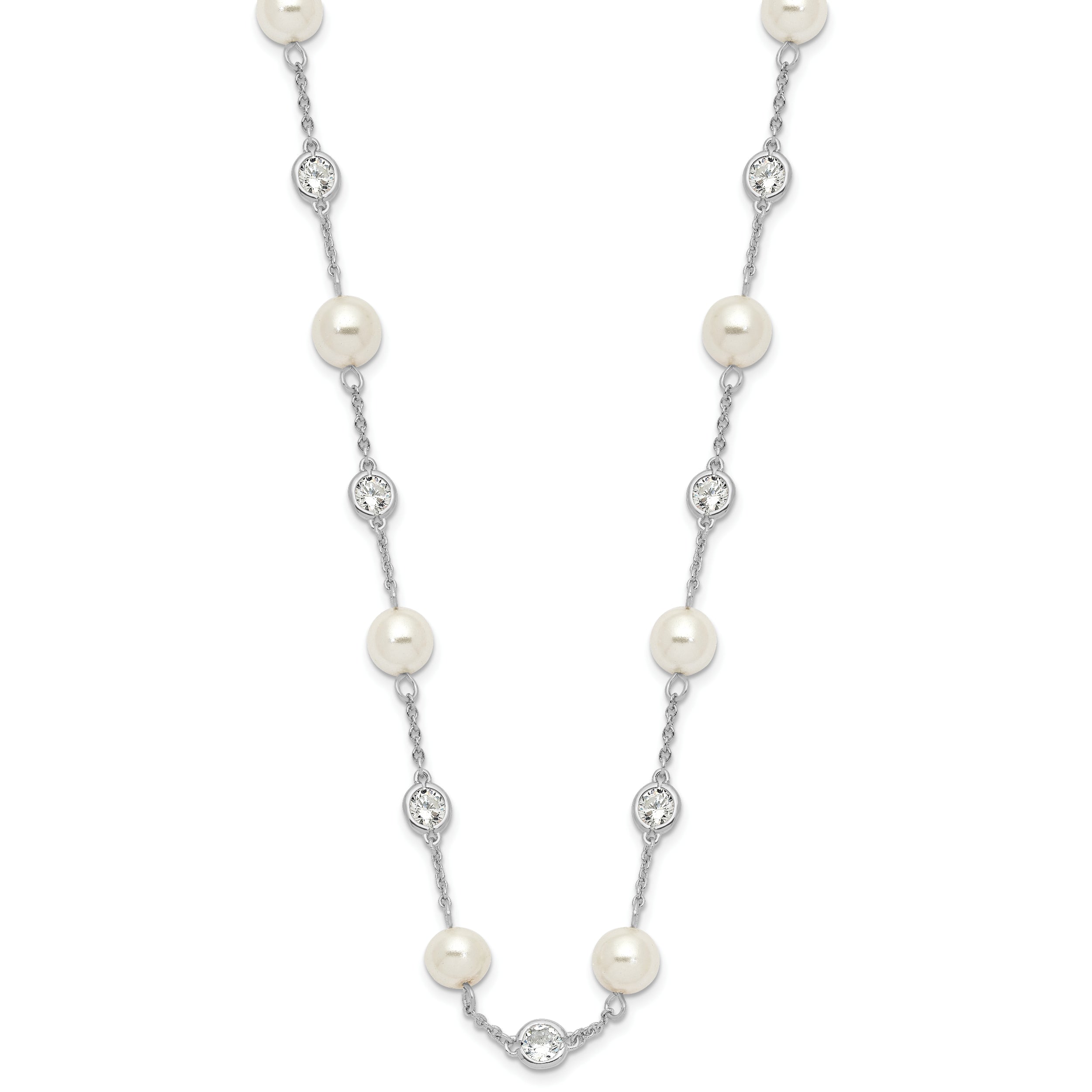 Cheryl M Sterling Silver Rhodium-plated Glass Pearl and Brilliant-cut CZ Bezel Station 36 Inch Necklace