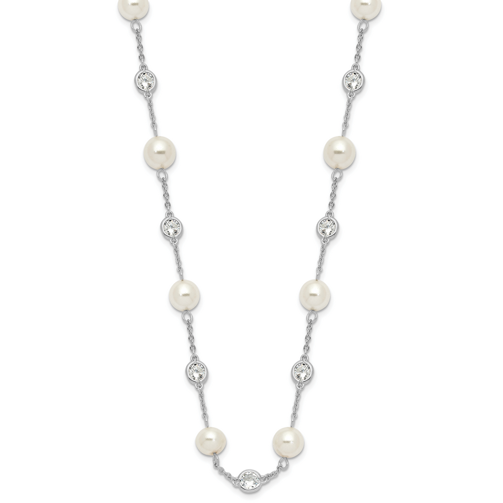 Cheryl M Sterling Silver Rhodium-plated Glass Pearl and Brilliant-cut CZ Bezel Station 36 Inch Necklace