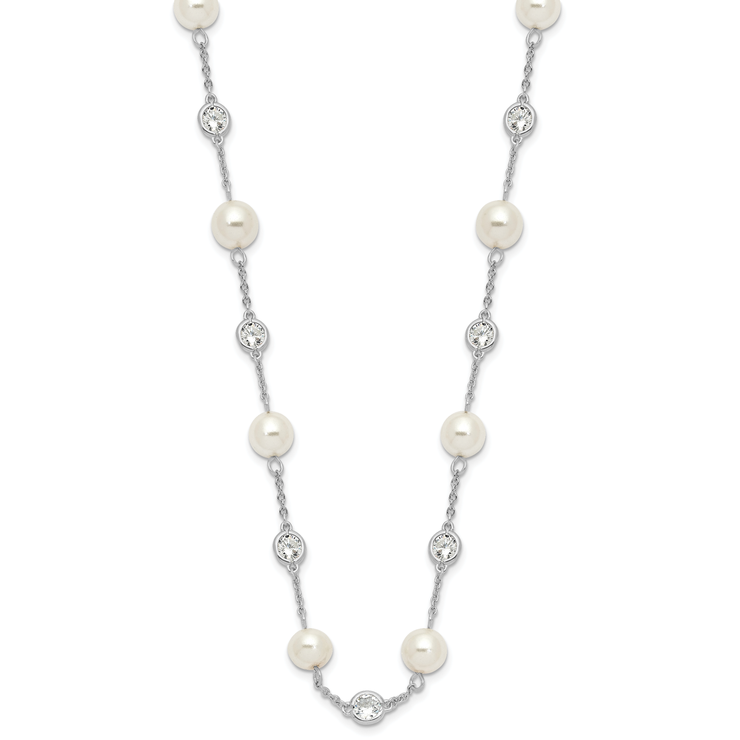 Cheryl M Sterling Silver Rhodium-plated Glass Pearl and Brilliant-cut CZ Bezel Station 36 Inch Necklace