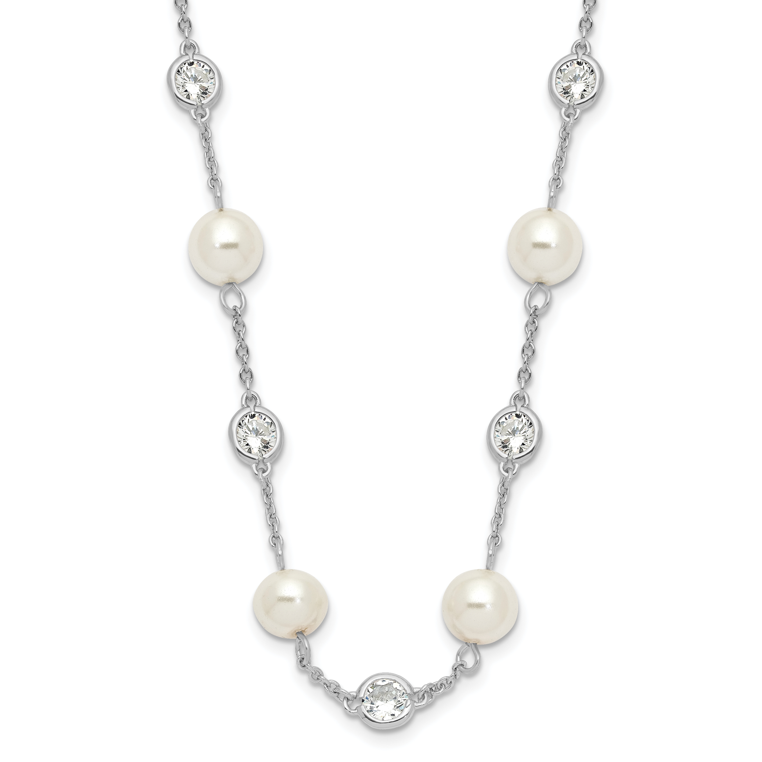 Cheryl M Sterling Silver Rhodium-plated Glass Pearl and Brilliant-cut CZ Bezel Station 36 Inch Necklace Main image