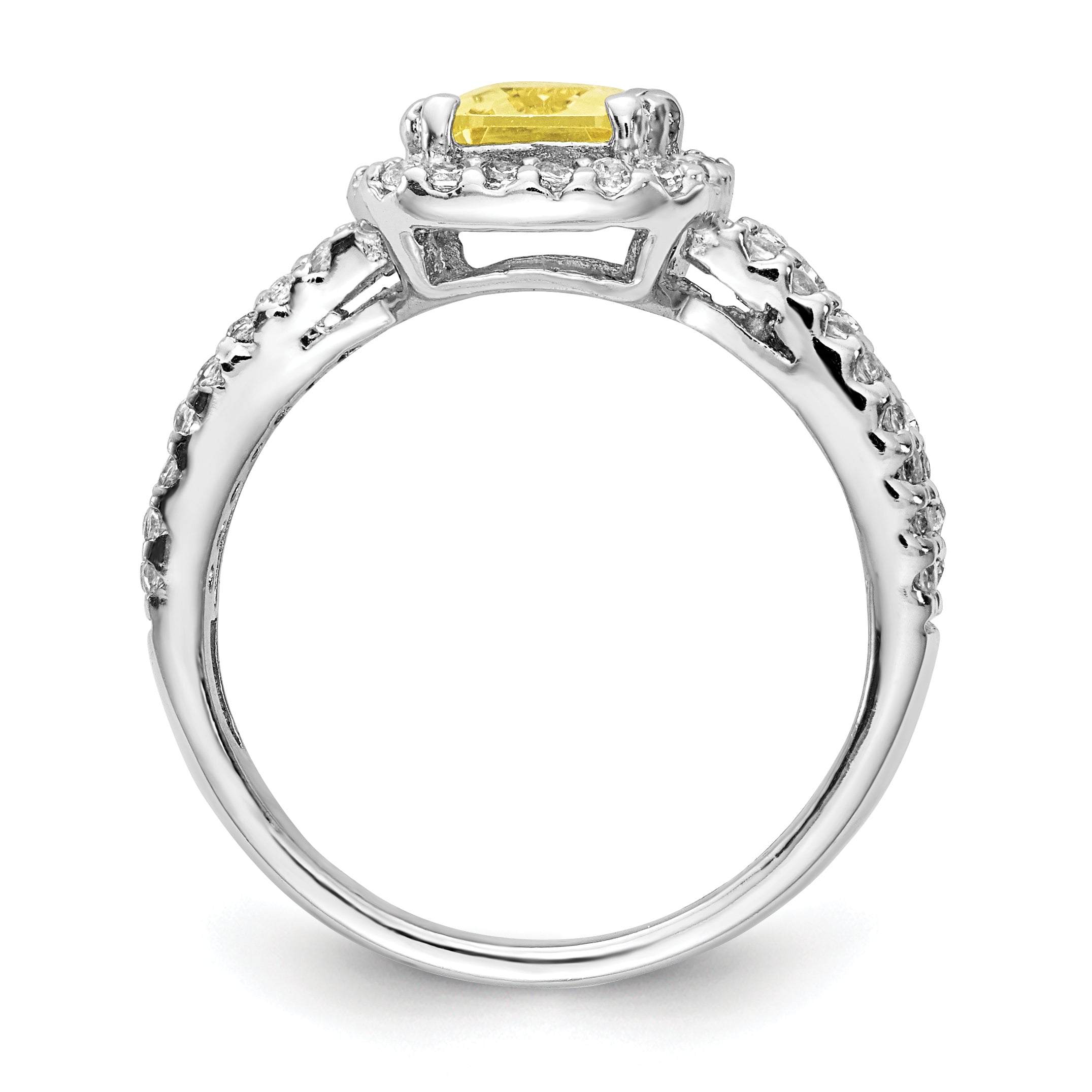 Cheryl M Sterling Silver Rhodium-plated Fancy Yellow Elongated Cushion-cut and White Brilliant-cut CZ Halo Ring