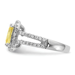 Cheryl M Sterling Silver Rhodium-plated Fancy Yellow Elongated Cushion-cut and White Brilliant-cut CZ Halo Ring