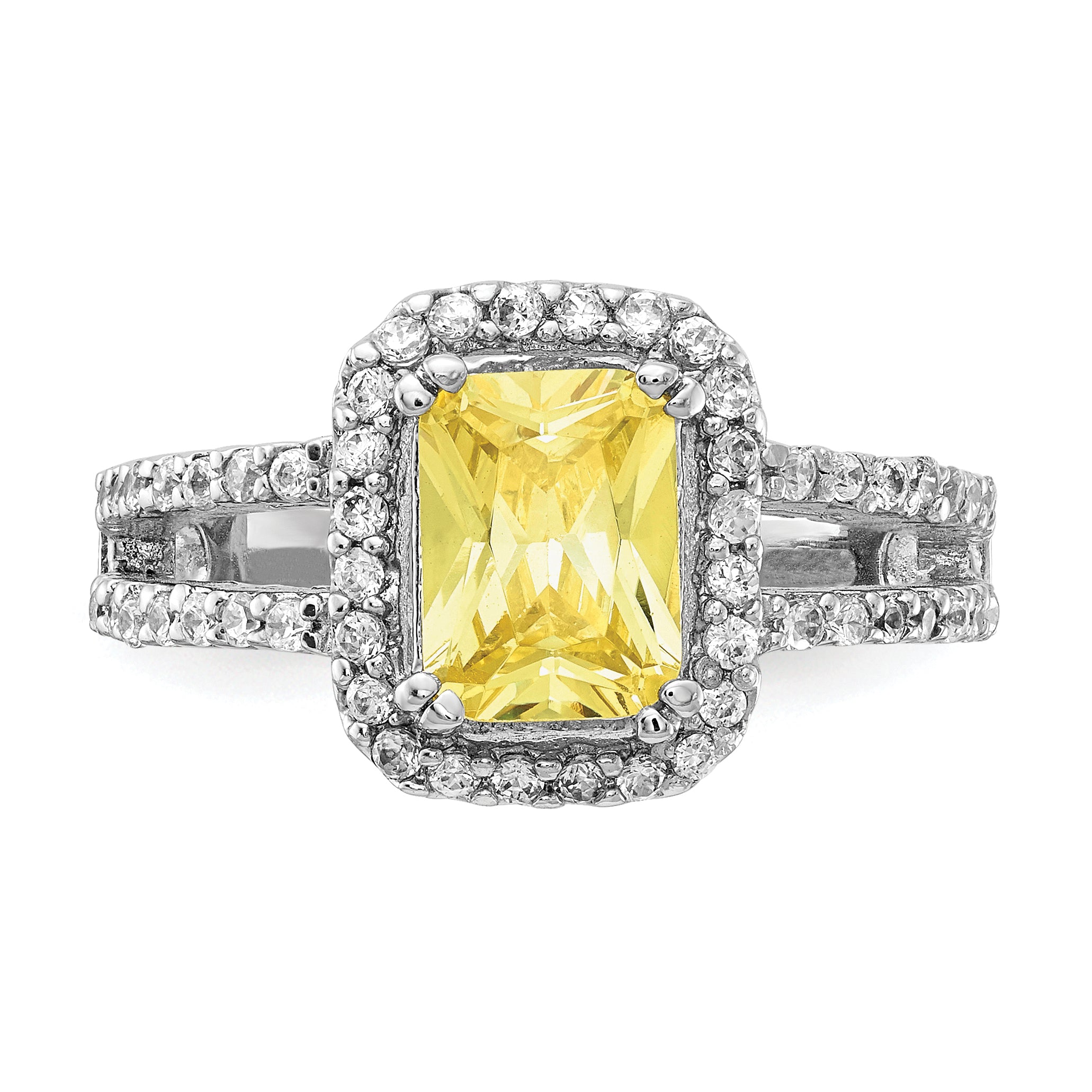 Cheryl M Sterling Silver Rhodium-plated Fancy Yellow Elongated Cushion-cut and White Brilliant-cut CZ Halo Ring