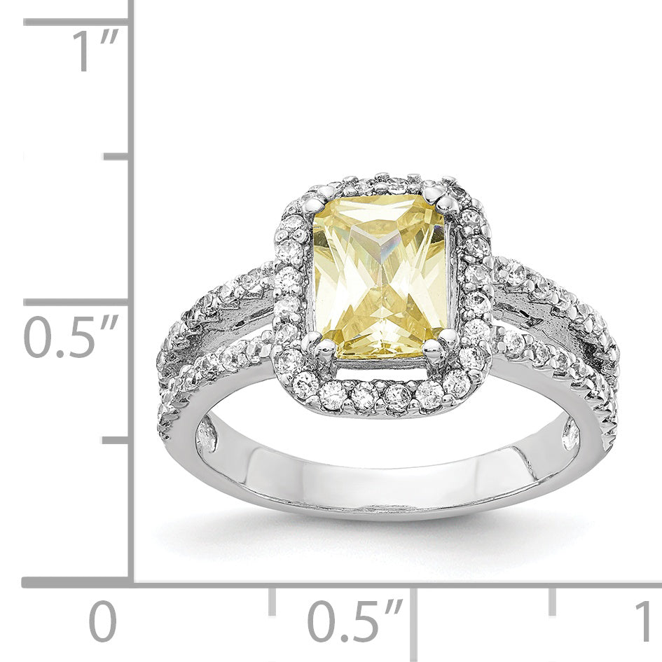 Cheryl M Sterling Silver Rhodium-plated Fancy Yellow Elongated Cushion-cut and White Brilliant-cut CZ Halo Ring