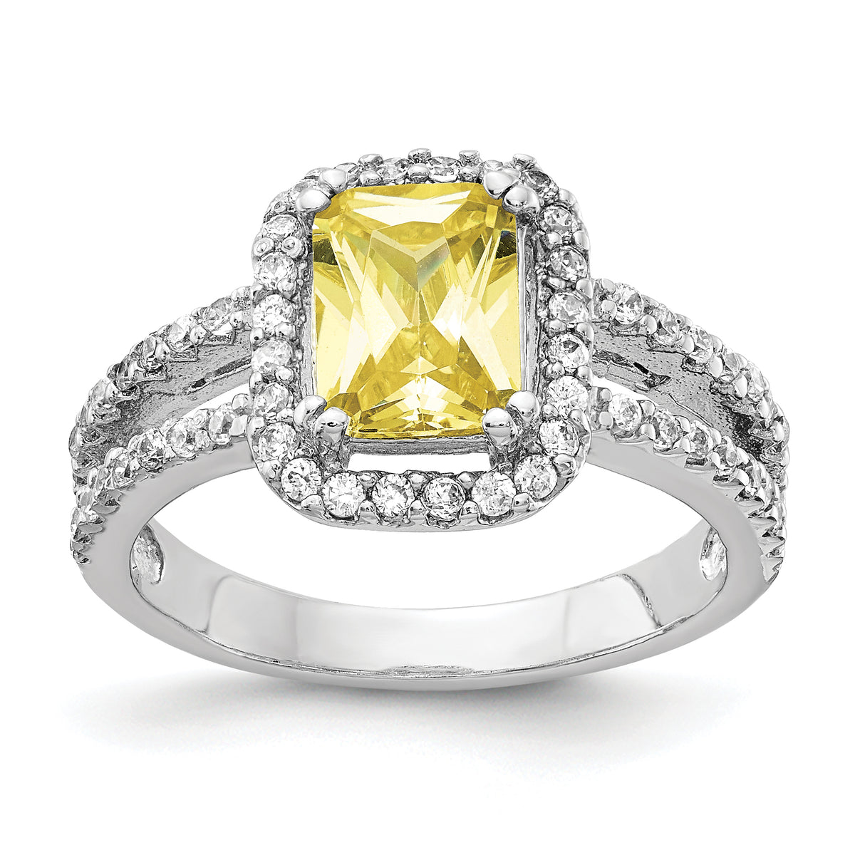 Cheryl M Sterling Silver Rhodium-plated Fancy Yellow Elongated Cushion-cut and White Brilliant-cut CZ Halo Ring