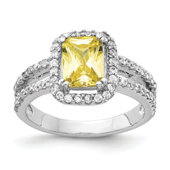 Cheryl M Sterling Silver Rhodium-plated Fancy Yellow Elongated Cushion-cut and White Brilliant-cut CZ Halo Ring