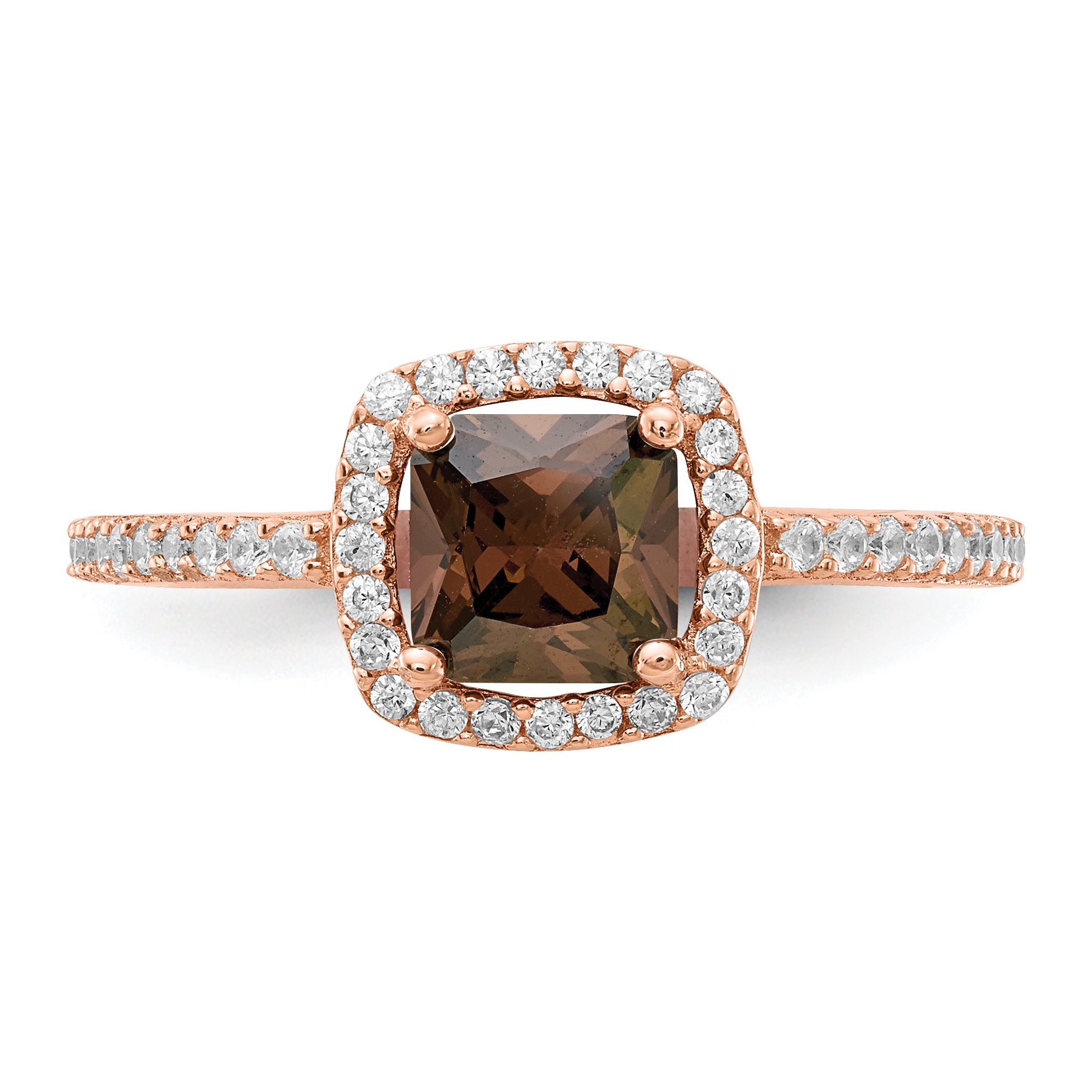 Cheryl M Sterling Silver Rose Gold-plated Cocoa Cushion-cut and White Brilliant-cut CZ Halo Ring