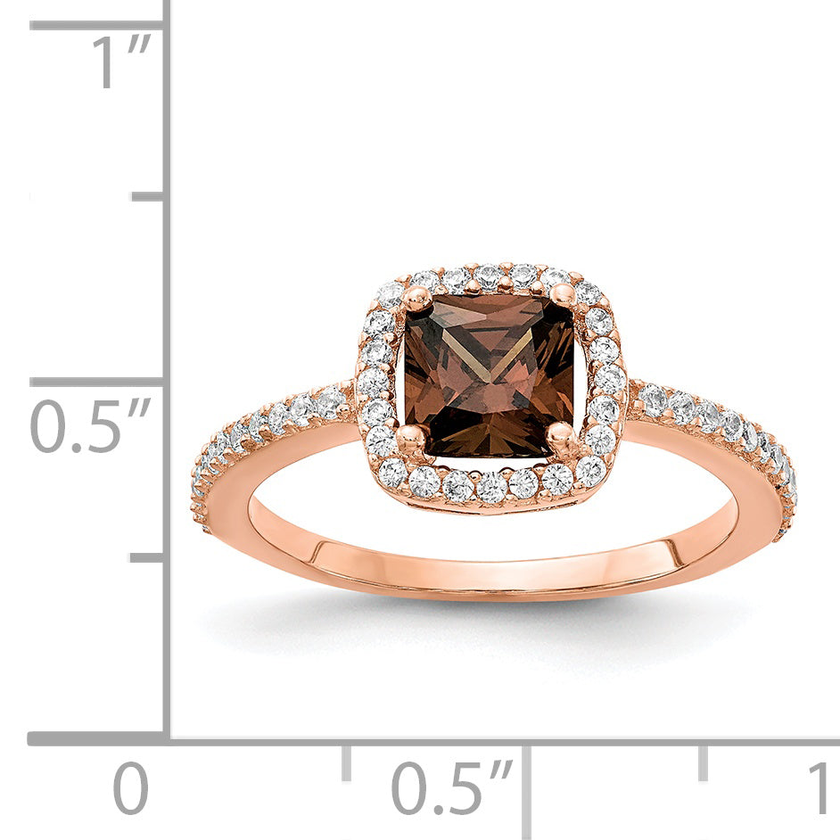 Cheryl M Sterling Silver Rose Gold-plated Cocoa Cushion-cut and White Brilliant-cut CZ Halo Ring