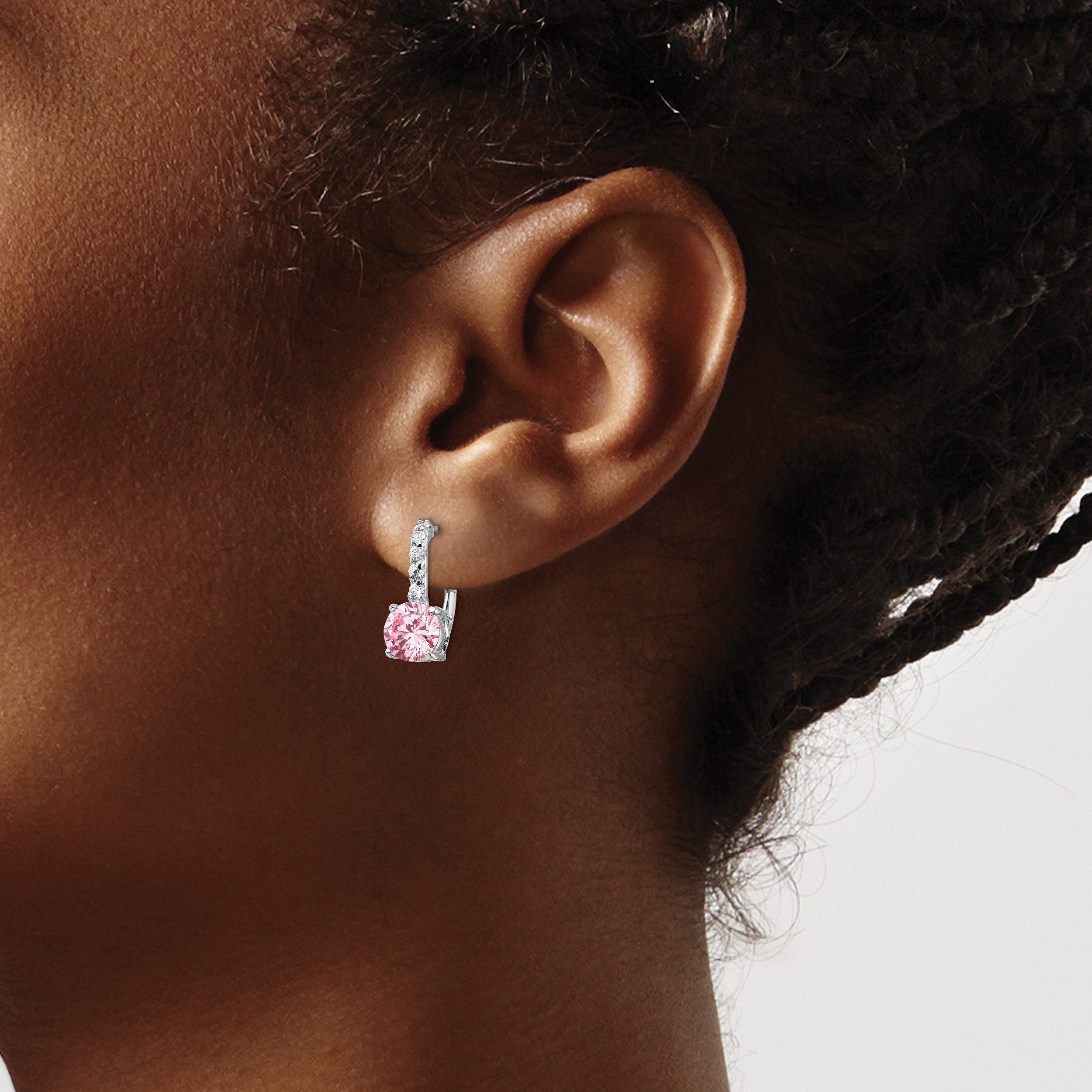 925 Sterling Silver Leverback Earrings with Pink and White CZ Stones, Polished Finish
