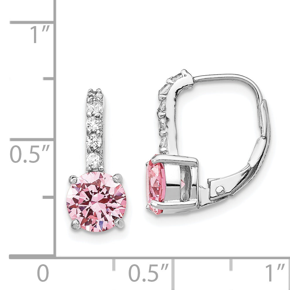 925 Sterling Silver Leverback Earrings with Pink and White CZ Stones, Polished Finish