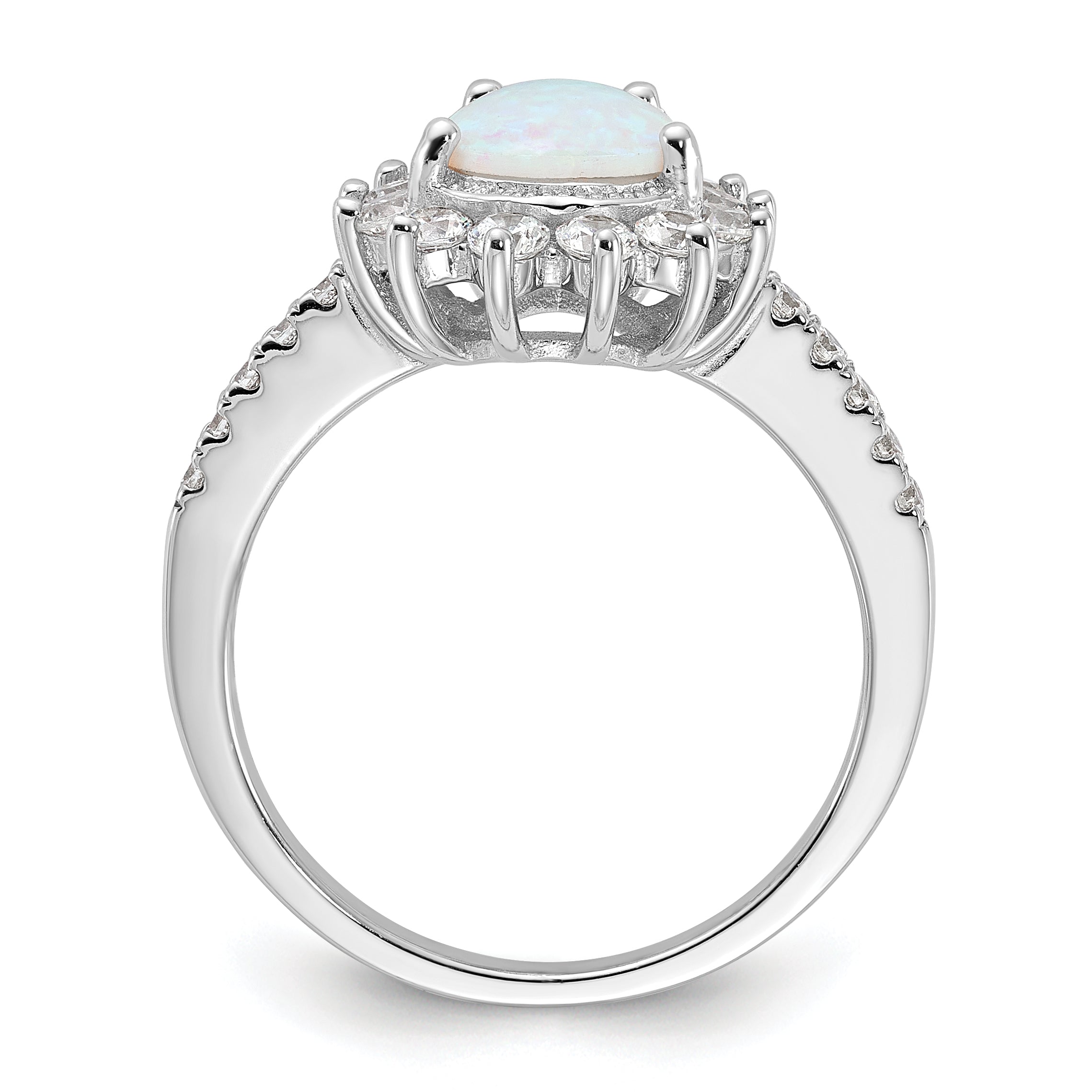 Cheryl M Sterling Silver Rhodium-plated Cabochon Lab Created Opal and Brilliant-cut CZ Teardrop Halo Ring