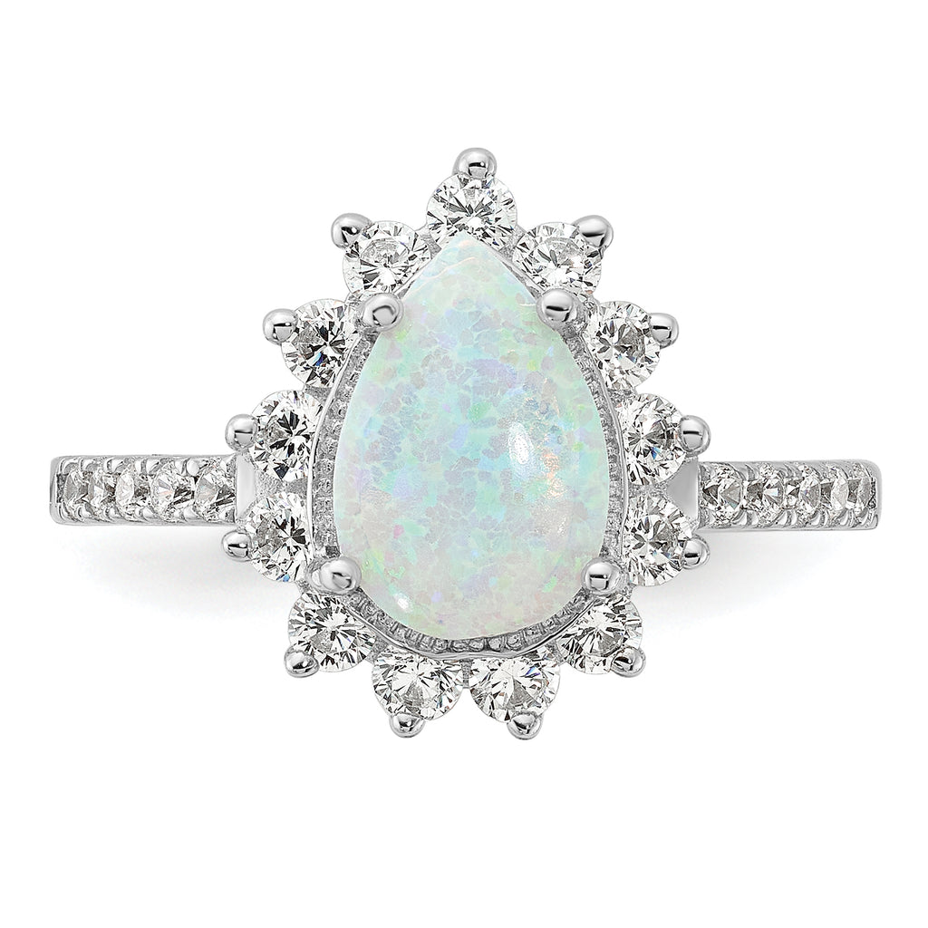 Cheryl M Sterling Silver Rhodium-plated Cabochon Lab Created Opal and Brilliant-cut CZ Teardrop Halo Ring