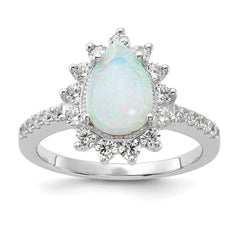 Cheryl M Sterling Silver Rhodium-plated Cabochon Lab Created Opal and Brilliant-cut CZ Teardrop Halo Ring