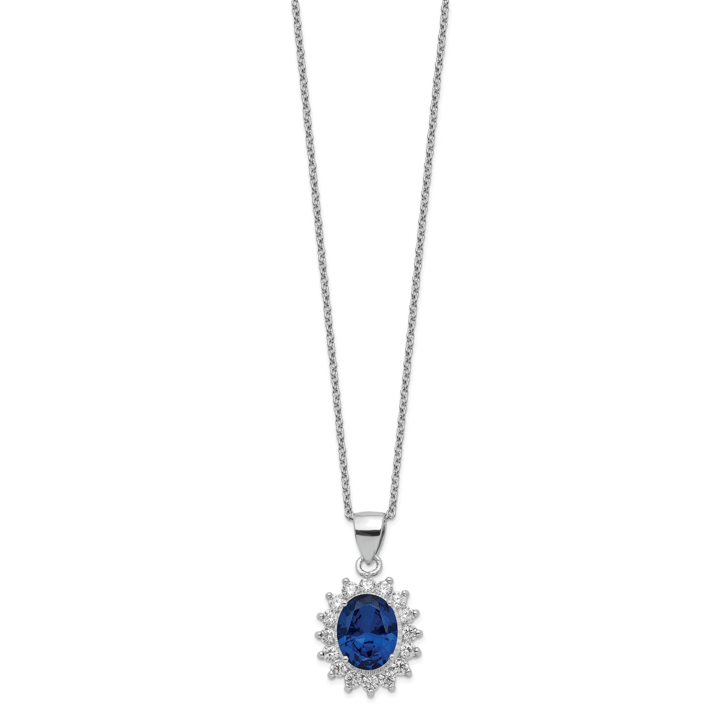 Cheryl M Sterling Silver Rhodium-plated Brilliant-cut Lab Created Dark Blue Spinel and Brilliant-cut White CZ Oval Halo 18 Inch Necklace