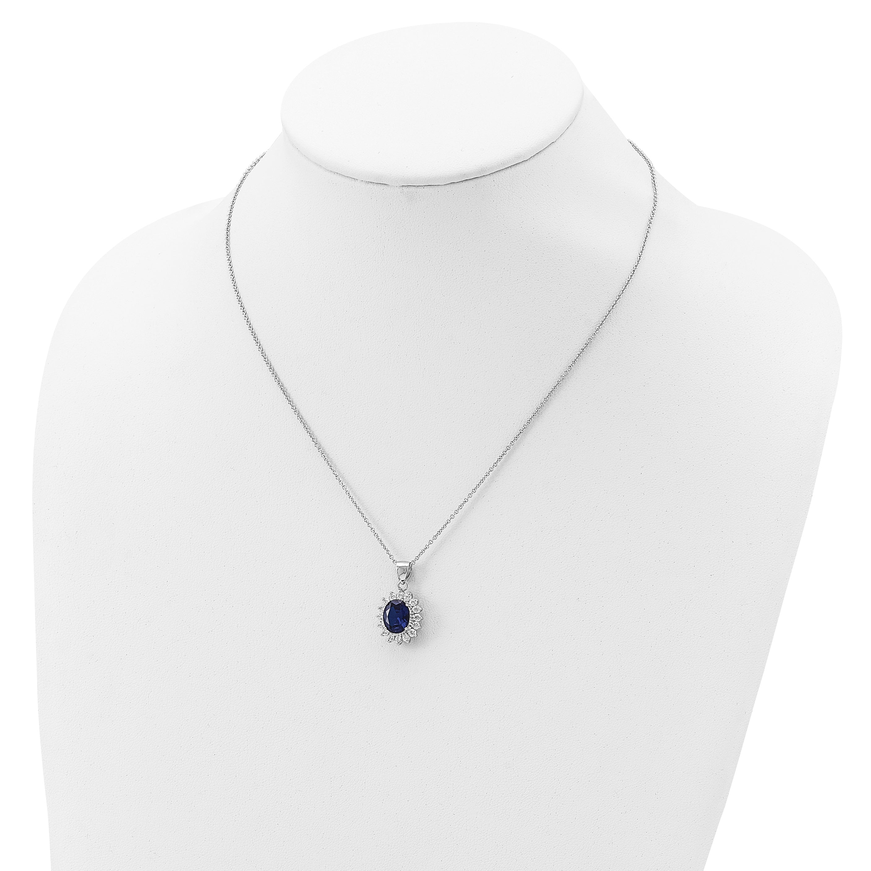 Cheryl M Sterling Silver Rhodium-plated Brilliant-cut Lab Created Dark Blue Spinel and Brilliant-cut White CZ Oval Halo 18 Inch Necklace