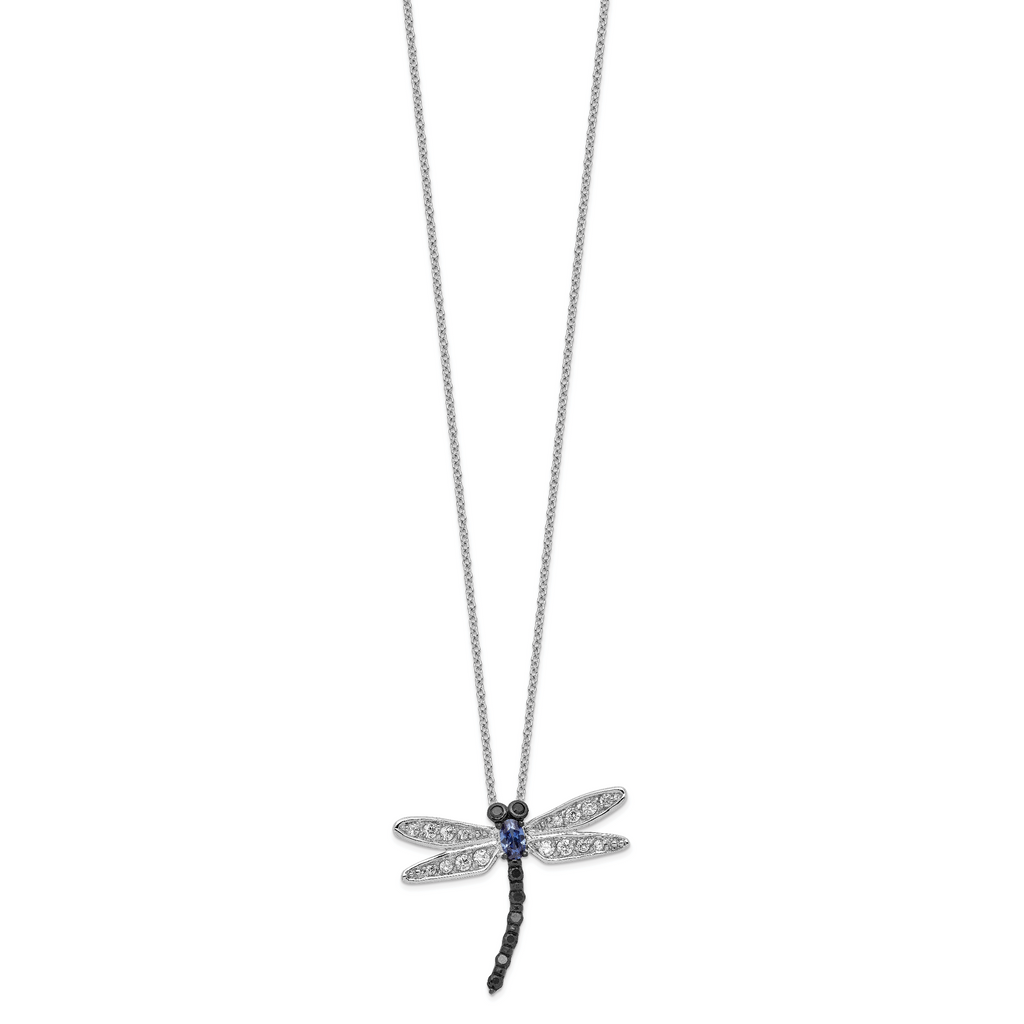 Cheryl M Sterling Silver Rhodium-plated with Black Rhodium Accent Brilliant-cut Black White and Blue CZ Dragonfly 18 Inch Necklace