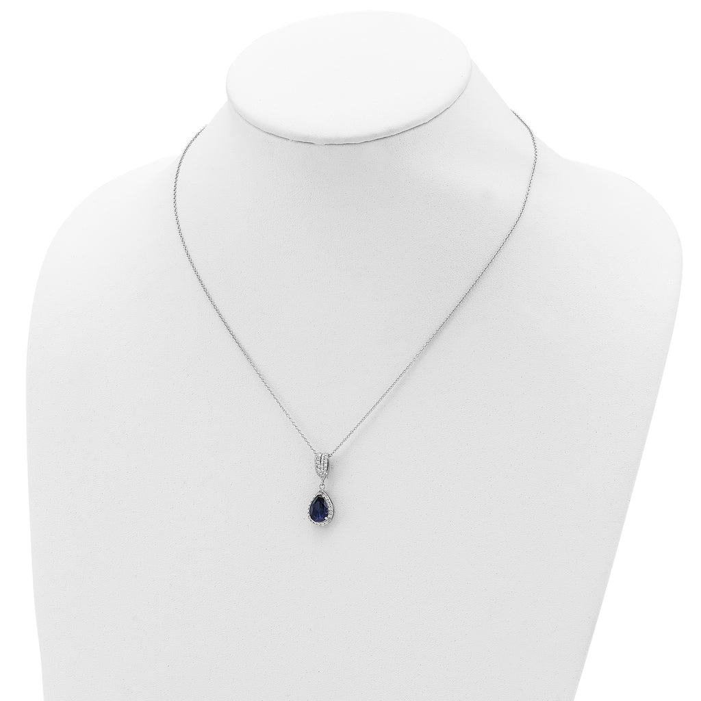 Cheryl M Sterling Silver Rhodium-plated Brilliant-cut Lab Created Dark Blue Spinel and Brilliant-cut White CZ Teardrop Halo 18 Inch Necklace
