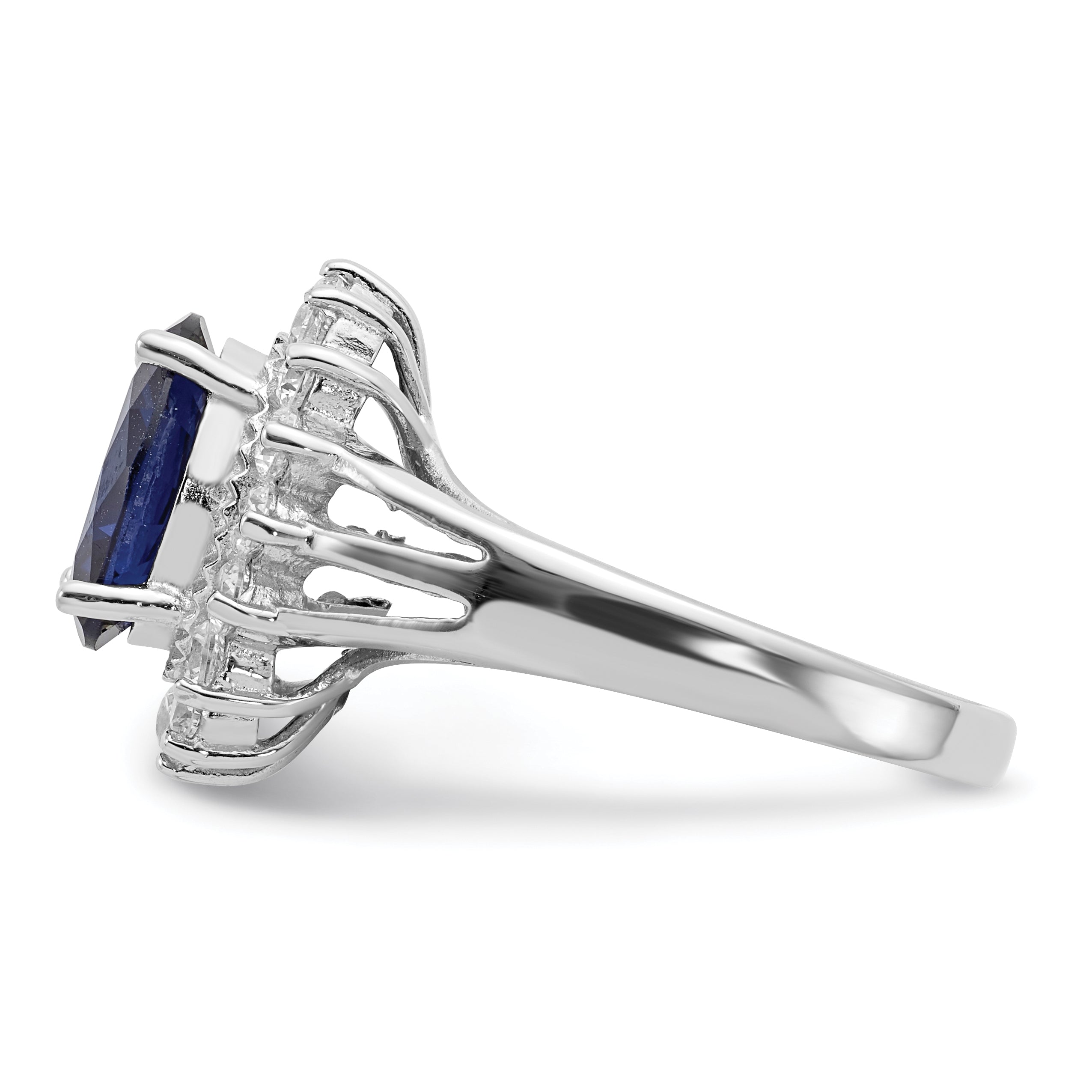 Cheryl M Sterling Silver Rhodium-plated Brilliant-cut Lab Created Dark Blue Spinel and Brilliant-cut White CZ Oval Halo Ring