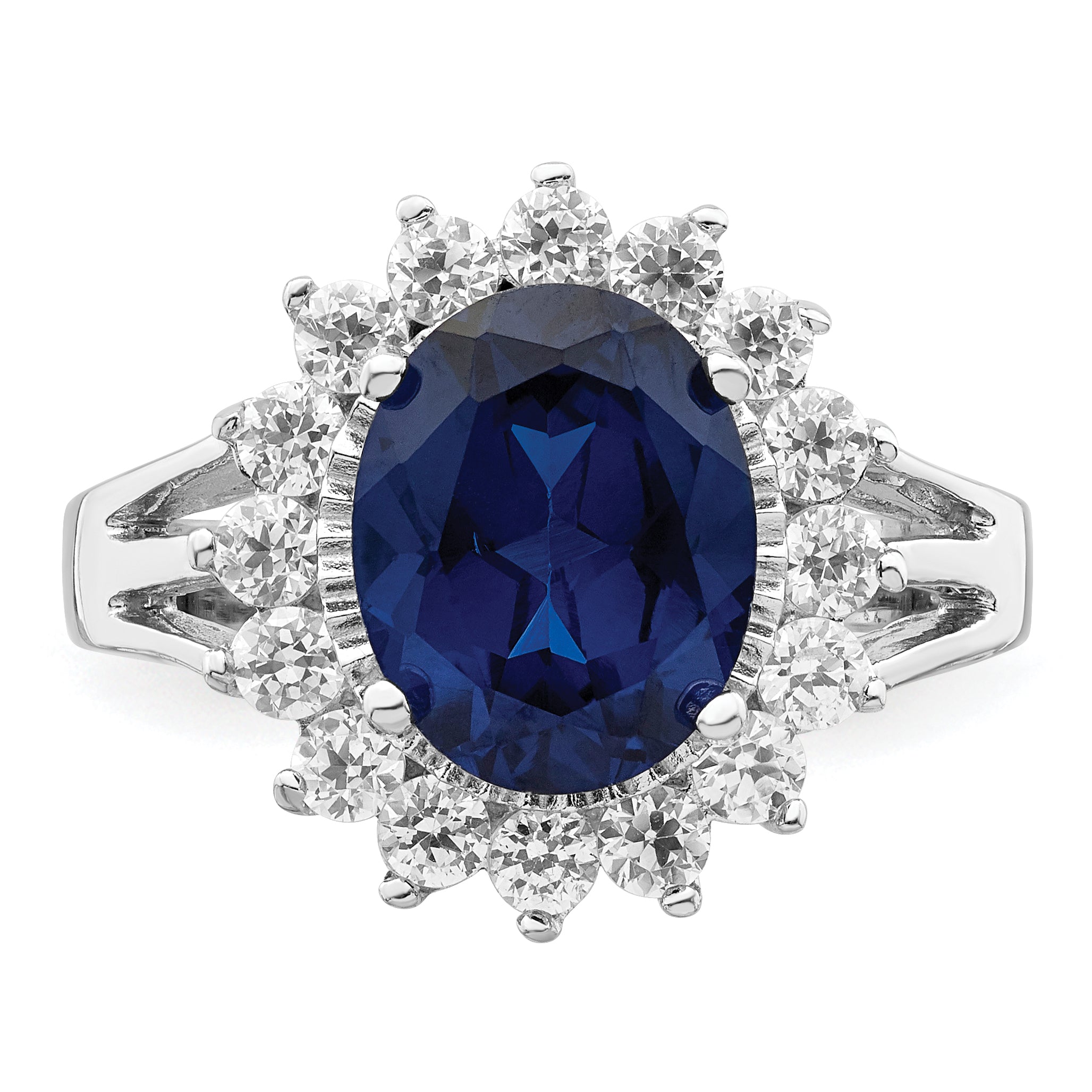 Cheryl M Sterling Silver Rhodium-plated Brilliant-cut Lab Created Dark Blue Spinel and Brilliant-cut White CZ Oval Halo Ring