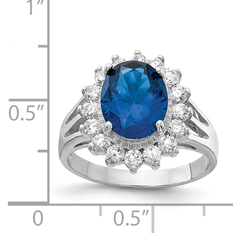 Cheryl M Sterling Silver Rhodium-plated Brilliant-cut Lab Created Dark Blue Spinel and Brilliant-cut White CZ Oval Halo Ring