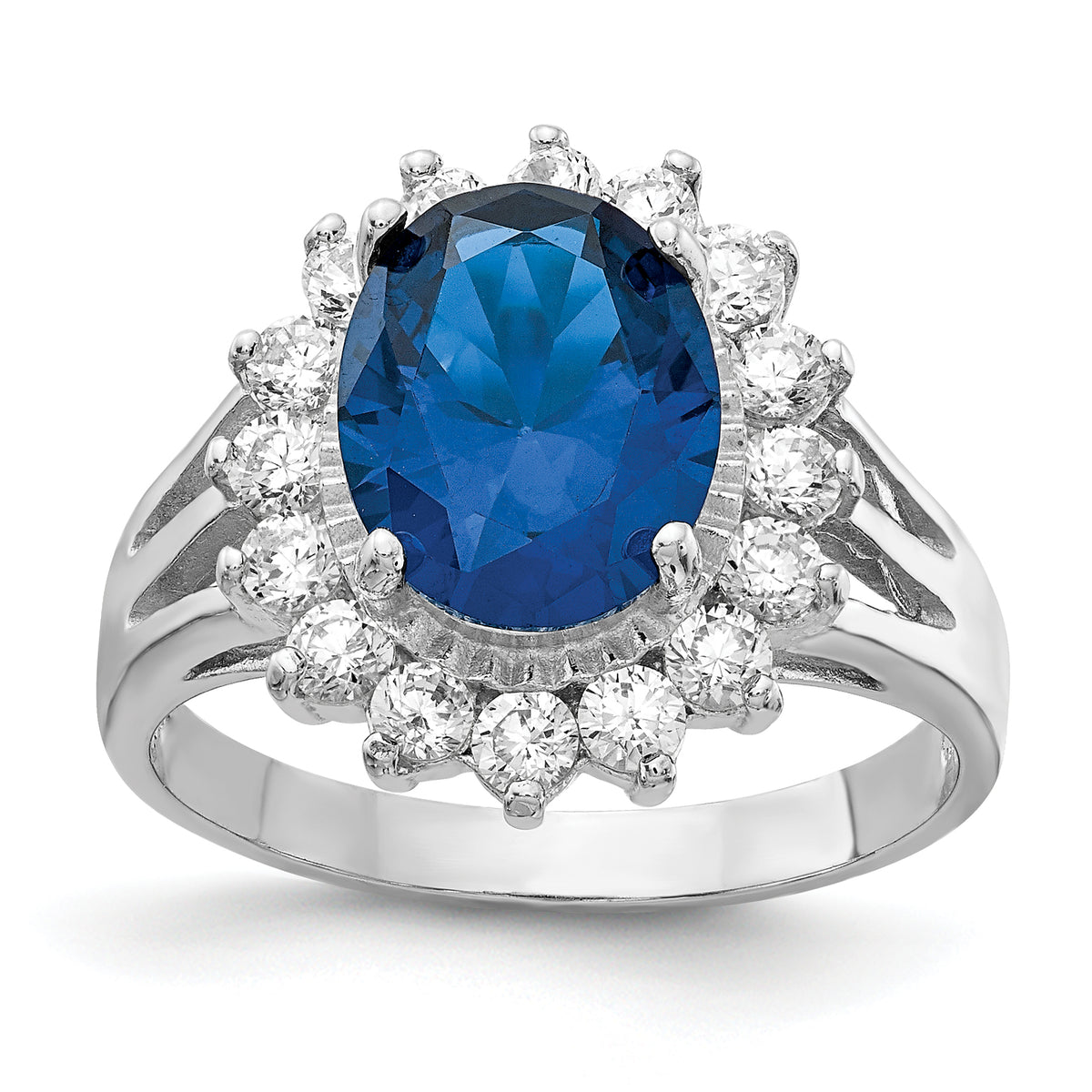 Cheryl M Sterling Silver Rhodium-plated Brilliant-cut Lab Created Dark Blue Spinel and Brilliant-cut White CZ Oval Halo Ring