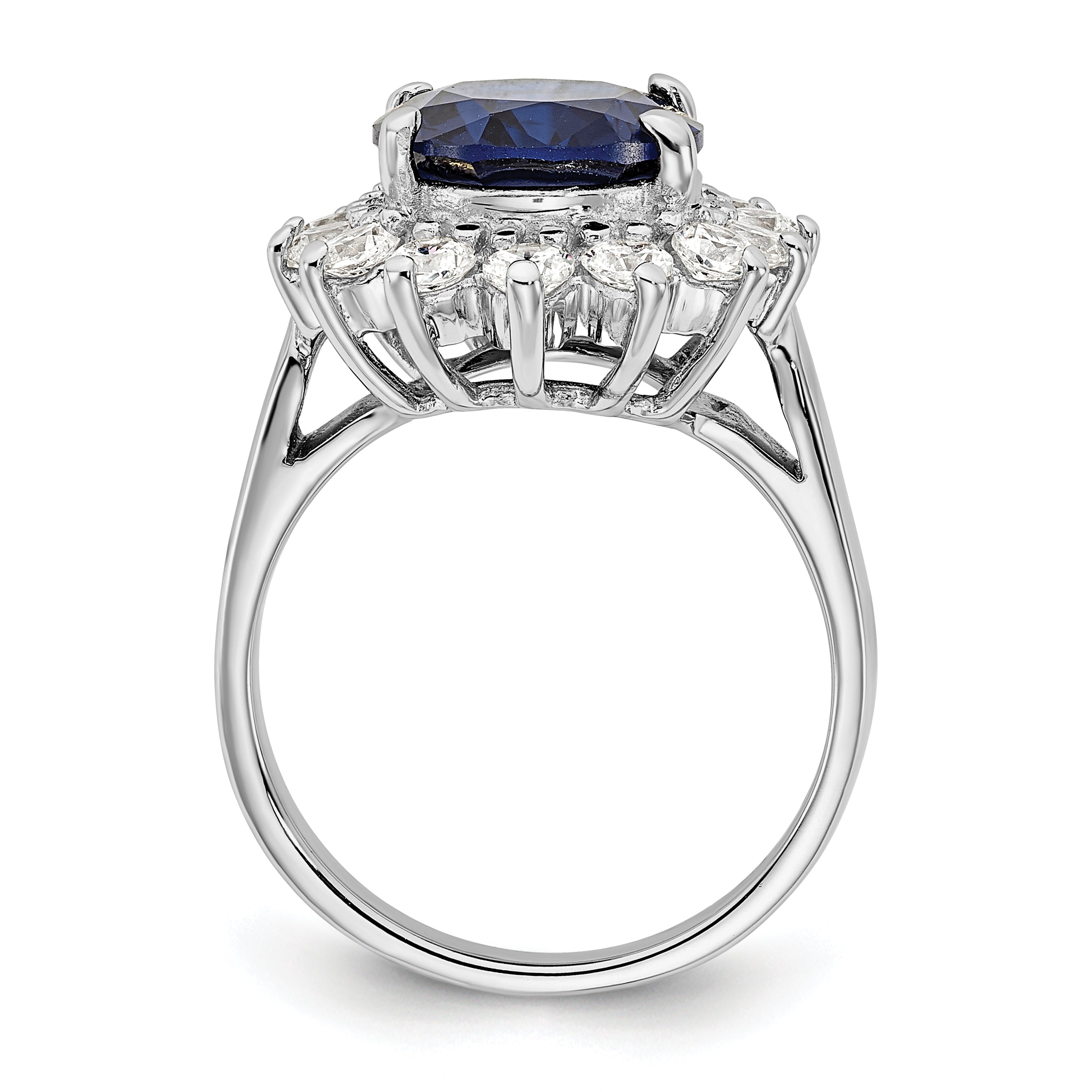 Cheryl M Sterling Silver Rhodium-plated Brilliant-cut Lab Created Dark Blue Spinel and Brilliant-cut White CZ Oval Halo Ring