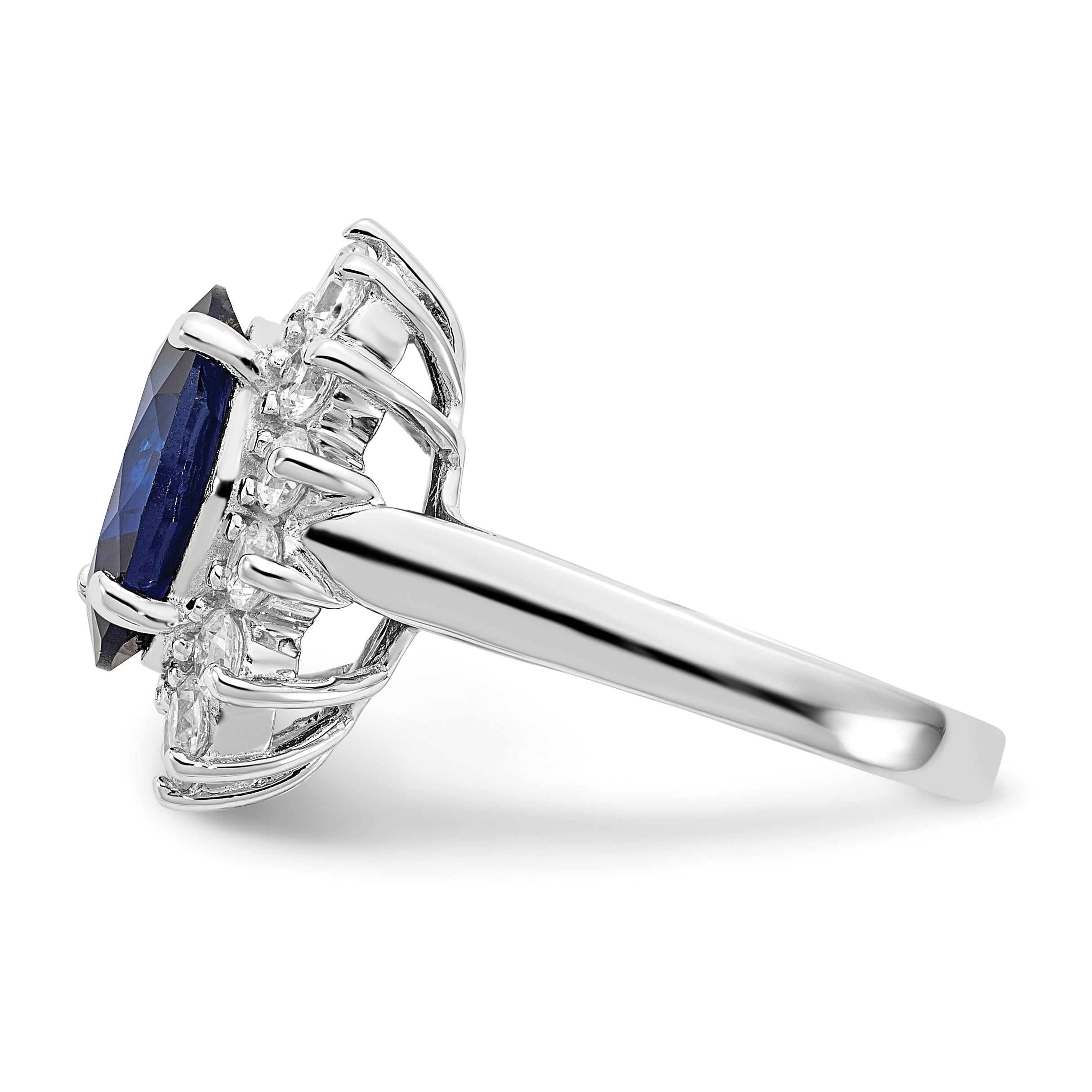 Cheryl M Sterling Silver Rhodium-plated Brilliant-cut Lab Created Dark Blue Spinel and Brilliant-cut White CZ Oval Halo Ring