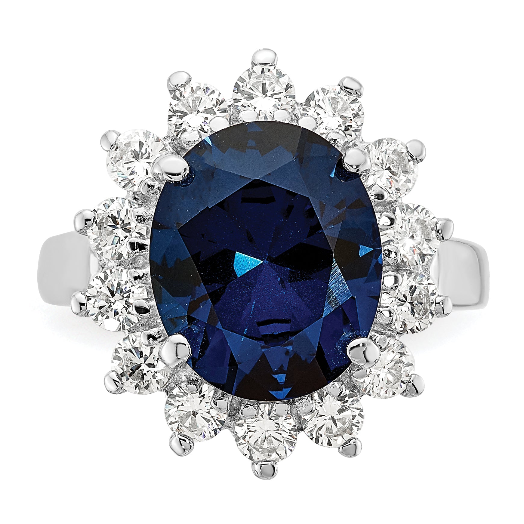 Cheryl M Sterling Silver Rhodium-plated Brilliant-cut Lab Created Dark Blue Spinel and Brilliant-cut White CZ Oval Halo Ring