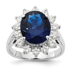 Cheryl M Sterling Silver Rhodium-plated Brilliant-cut Lab Created Dark Blue Spinel and Brilliant-cut White CZ Oval Halo Ring