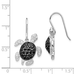 Cheryl M Sterling Silver Rhodium-plated with Black Rhodium Accent Brilliant-cut Black and White CZ Turtle Shepherd Hook Dangle Earrings