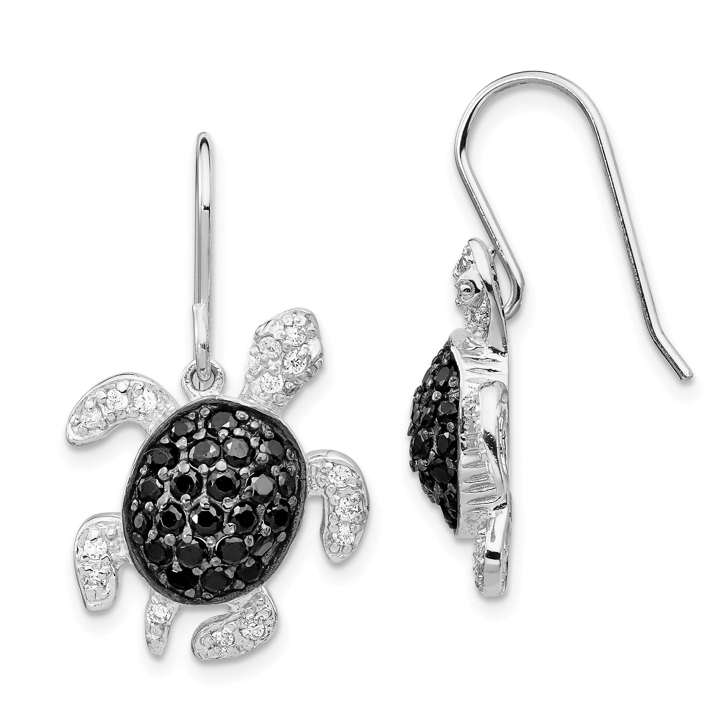 Cheryl M Sterling Silver Rhodium-plated with Black Rhodium Accent Brilliant-cut Black and White CZ Turtle Shepherd Hook Dangle Earrings