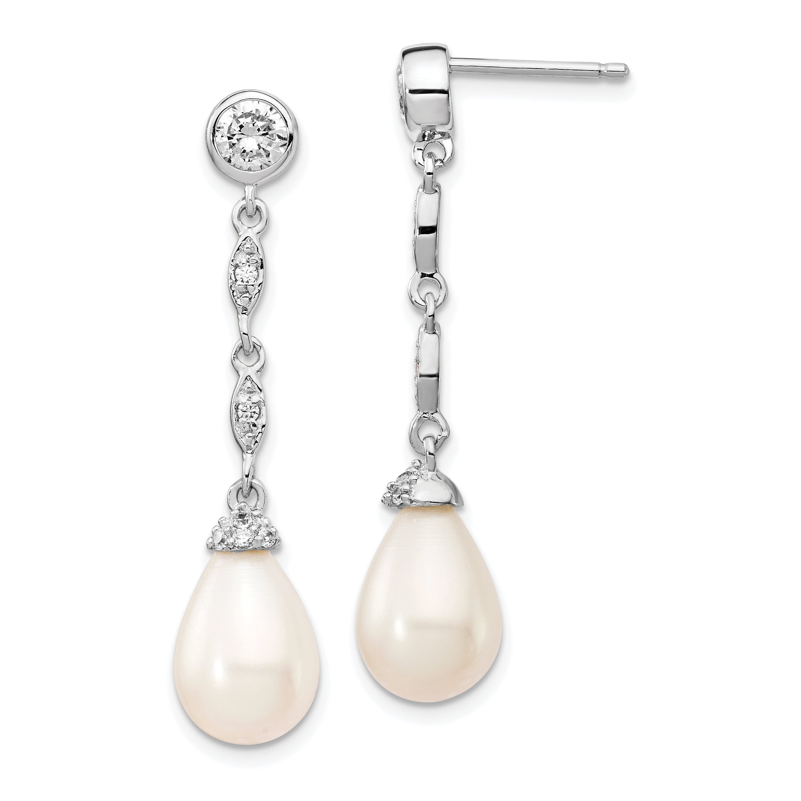 Cheryl M Sterling Silver Rhodium-plated Teardrop Freshwater Cultured Pearl and Brilliant-cut CZ Post Dangle Earrings